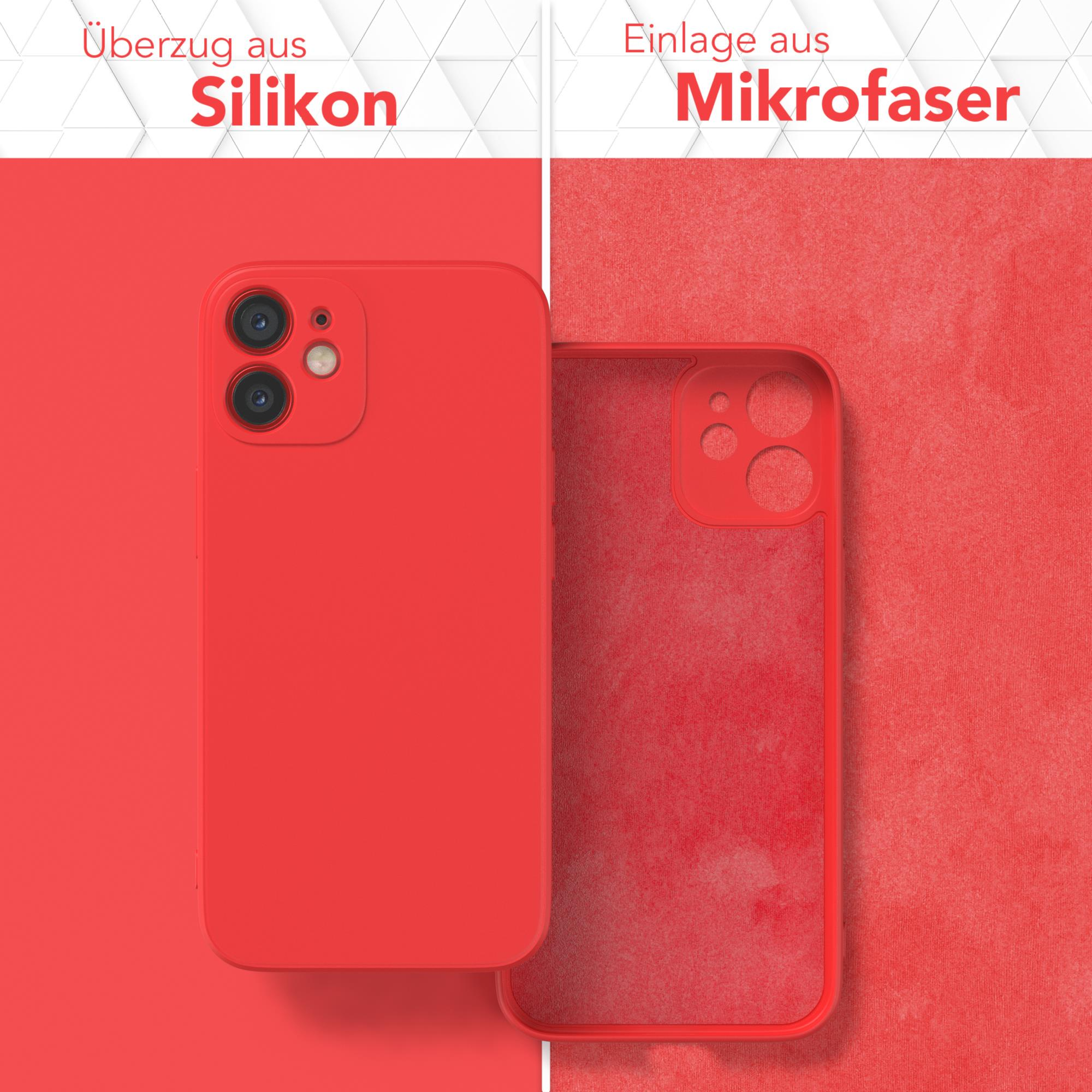 Zwei Handyhüllen, eine rote, außen und Mikrofaser innen zeigend. Die Silikonhülle ist links.
