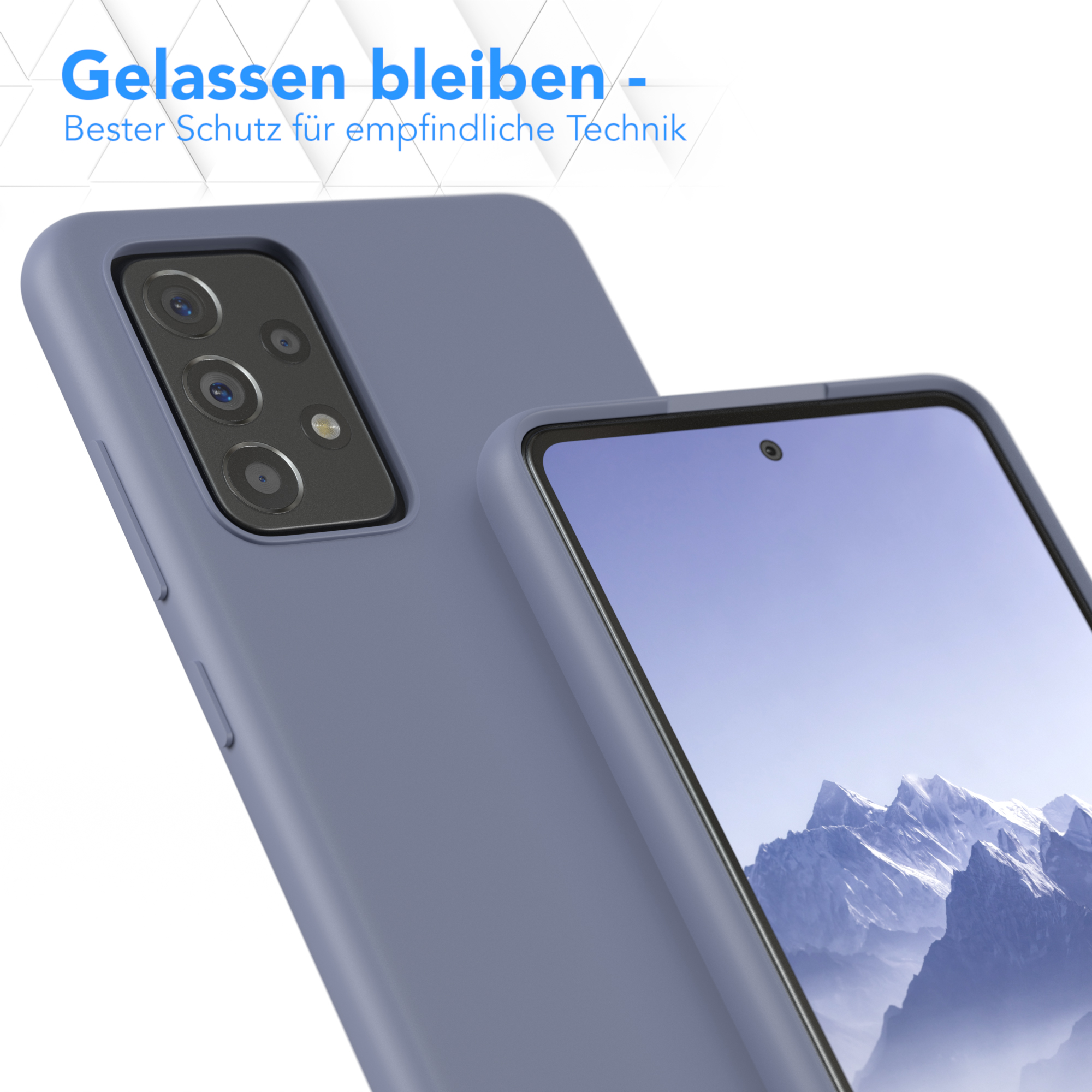Eine blaue Handyhülle schützt ein Telefon. Deutscher Text: 'Bester Schutz für empfindliche Technik'.