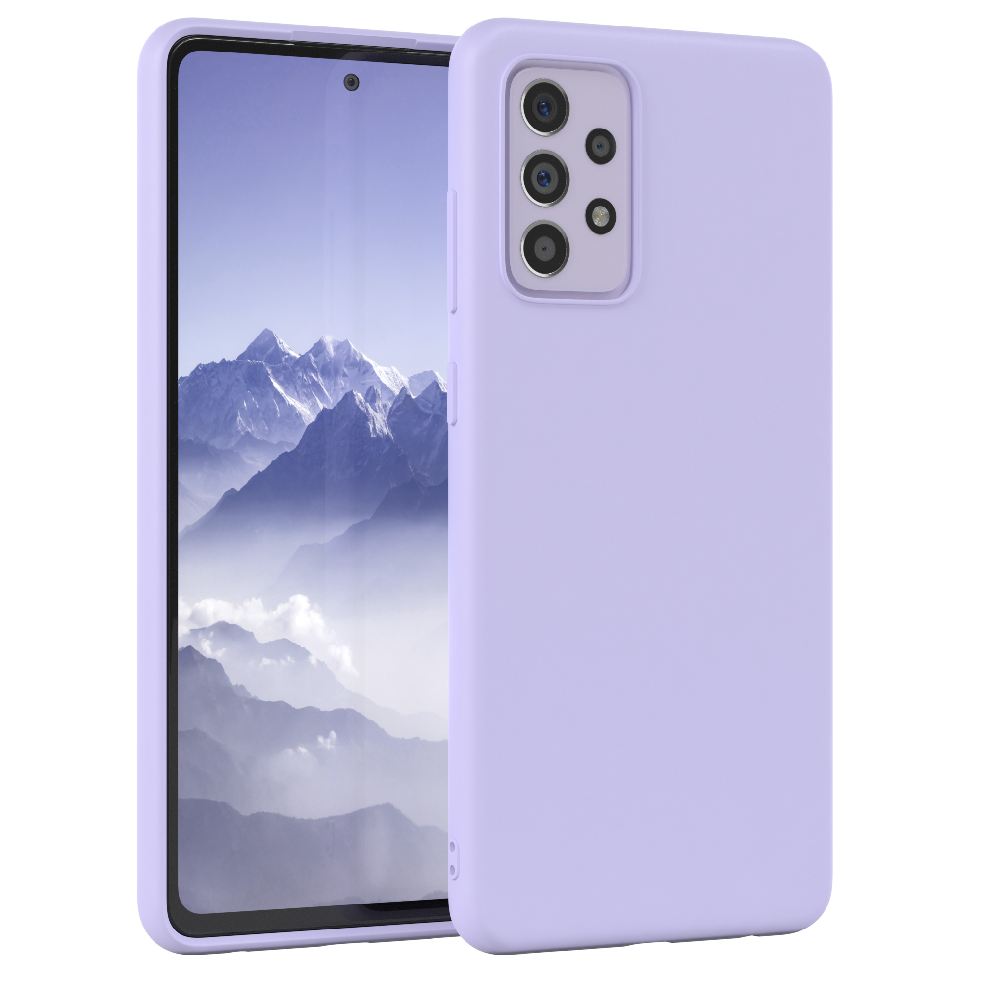 Lila Telefon in einer Hülle. Das Telefon zeigt eine Landschaft mit lila Hintergrund.