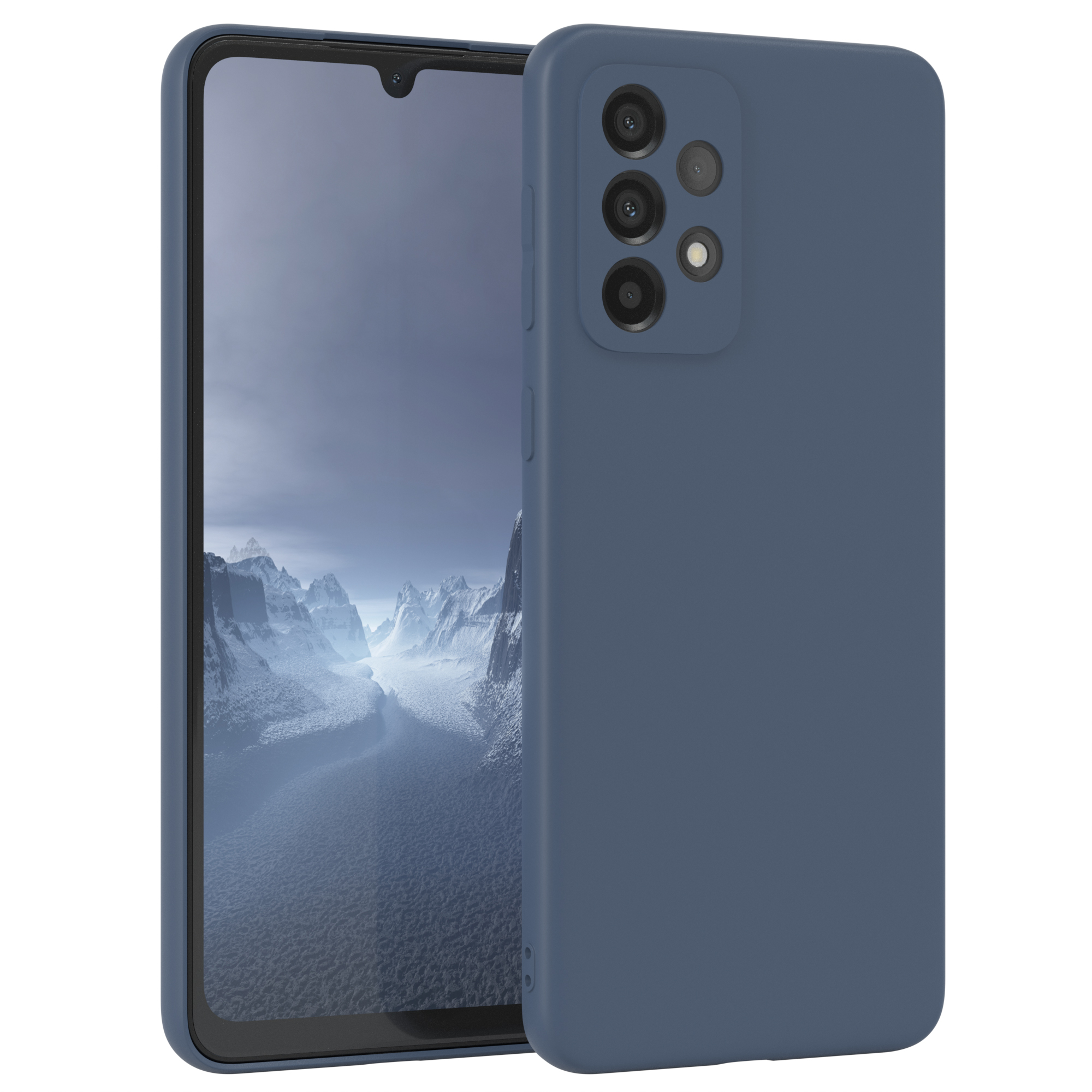 Blaues Telefon mit Hülle. Der Bildschirm zeigt eine Berglandschaft. Die Hülle hat eine Kameraanordnung.
