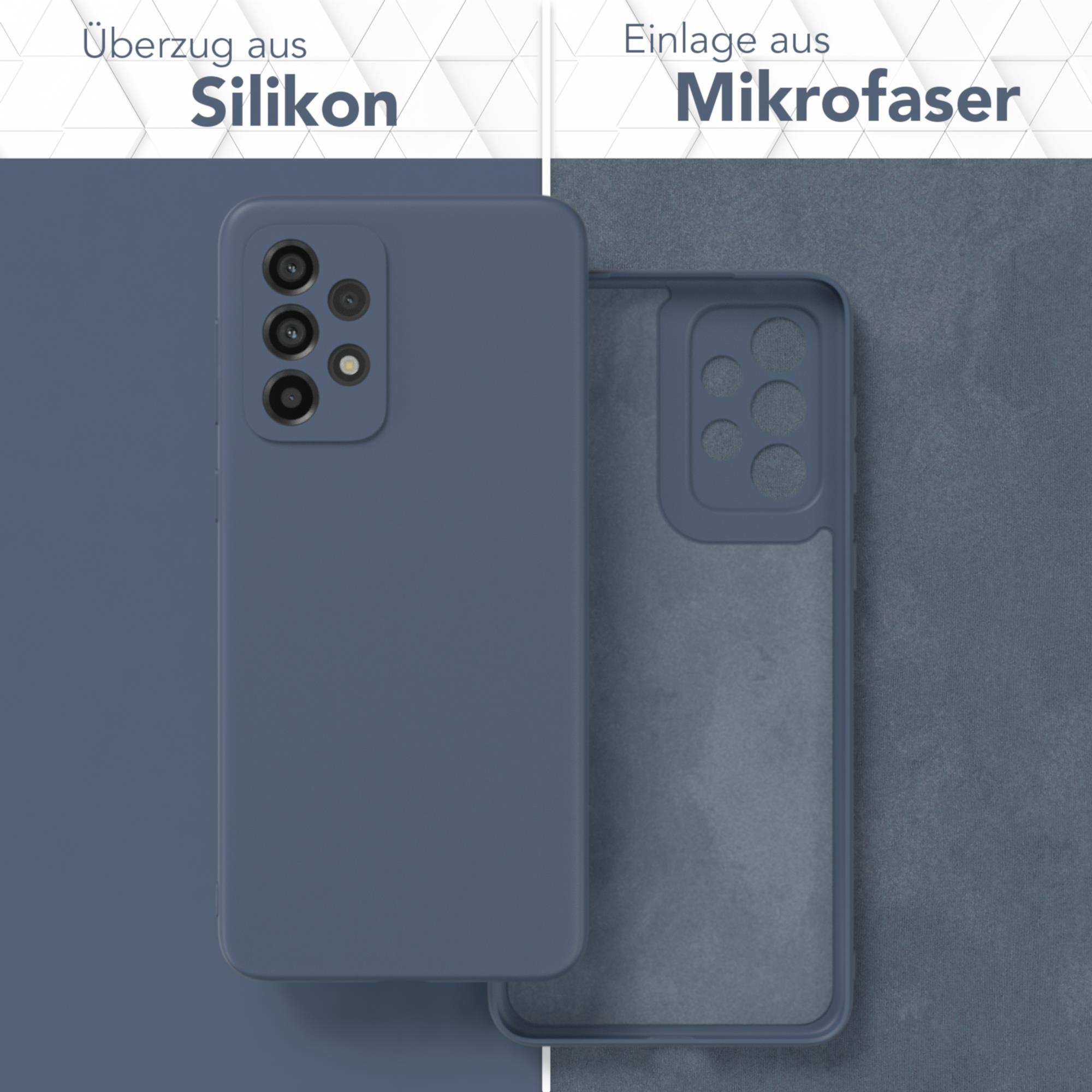 Zwei Handyhüllen, eine links, eine rechts, beide blau, eine offen, eine geschlossen.