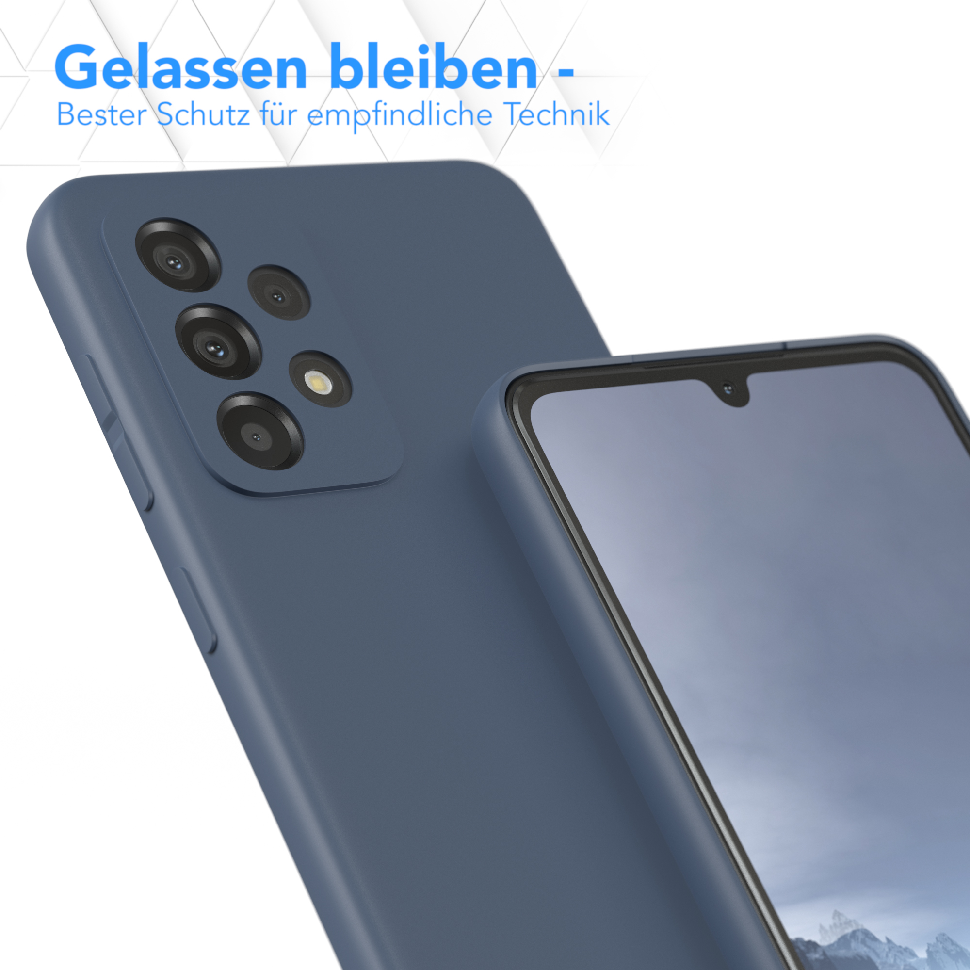 Eine blaue Handyhülle wird gezeigt, die die Rückseite eines Telefons bedeckt. Der Bildschirmbereich ist sichtbar.