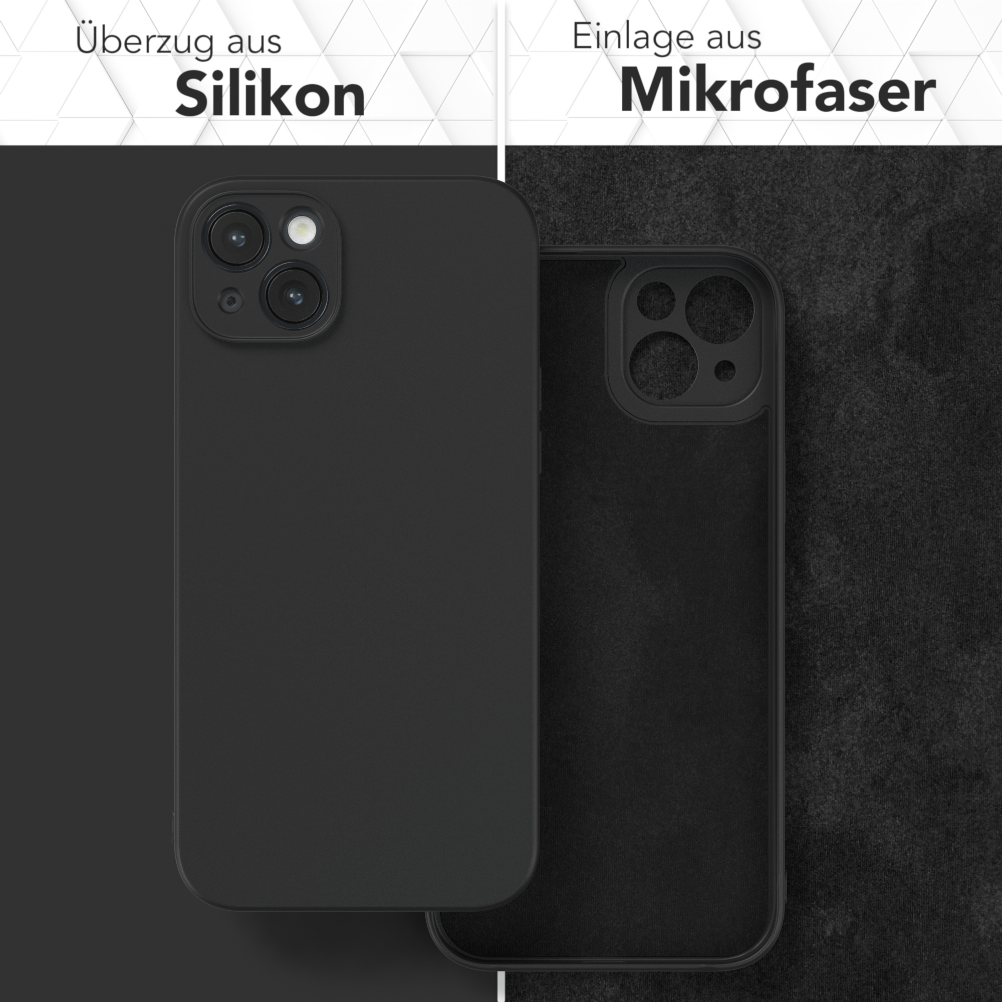Schwarze Handyhülle mit schwarzem Telefon, mit hellem Hintergrund.