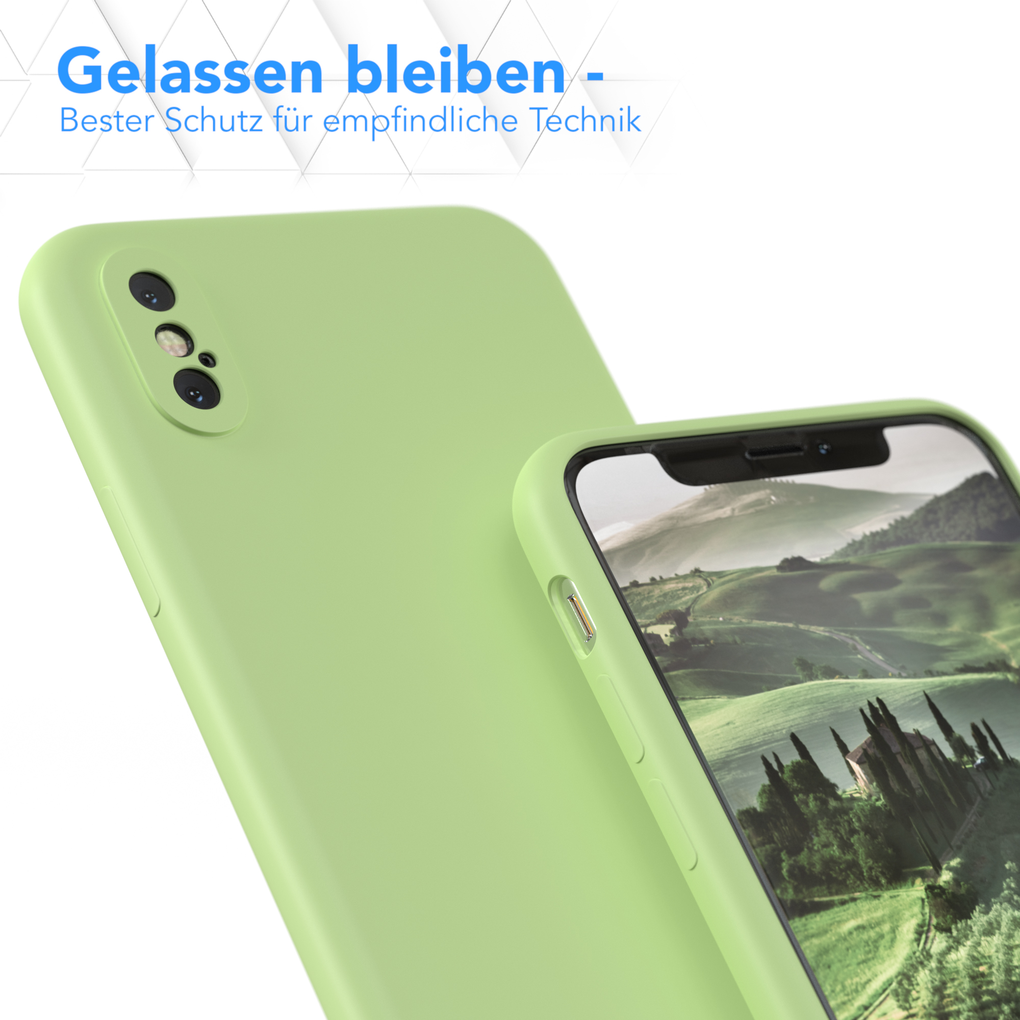 Grüne Handyhülle. Text: Gelassen bleiben - Bester Schutz für empfindliche Technik.