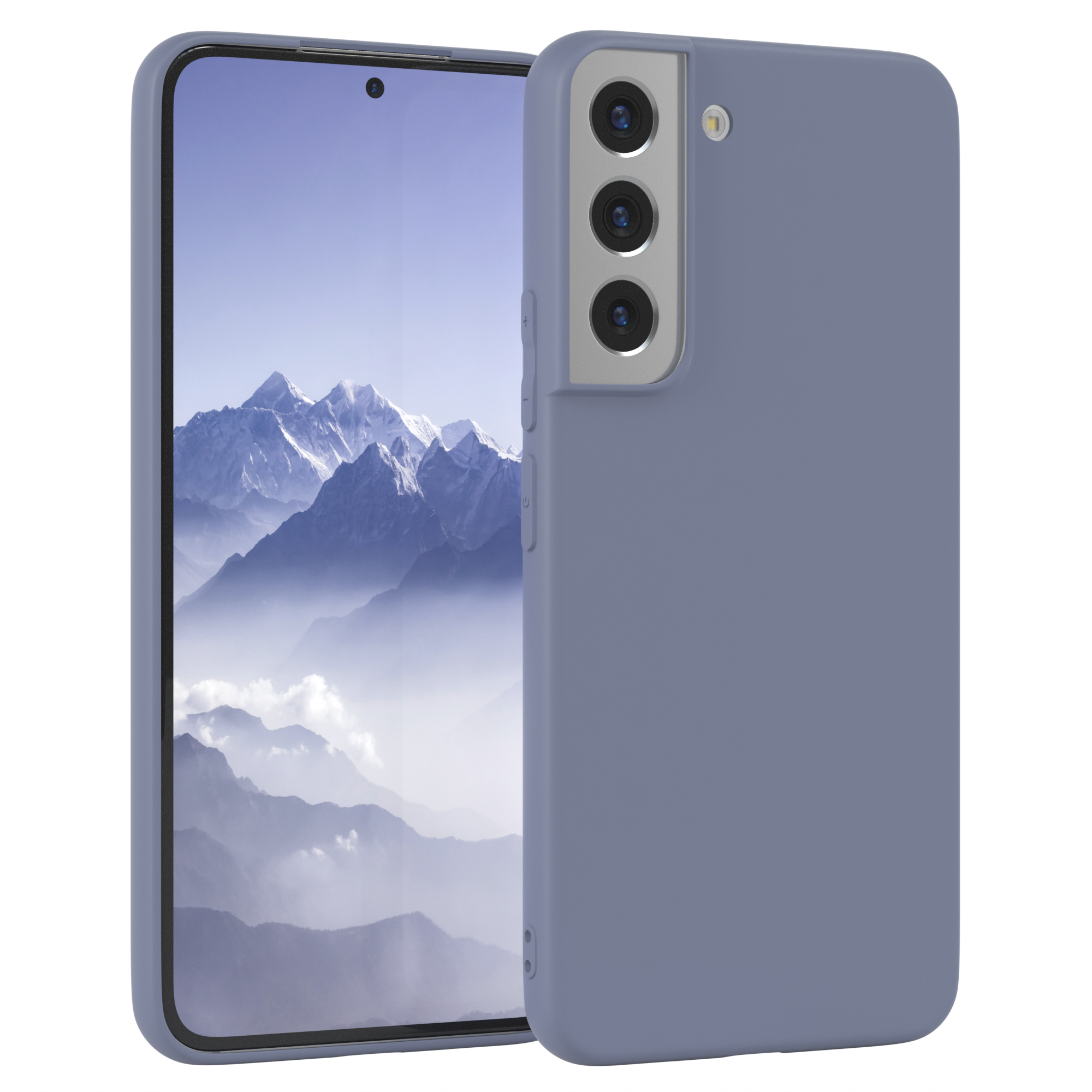 Blaue Handyhülle auf und neben dem Telefon. Blauer Hintergrund mit Landschaft.