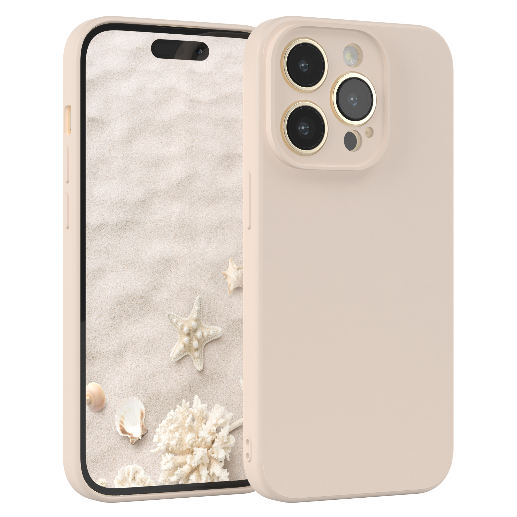Ein Telefon in einem pfirsichfarbenen Gehäuse mit einer Strandszene auf dem Bildschirm. Muscheln und Korallen auf Sand.
