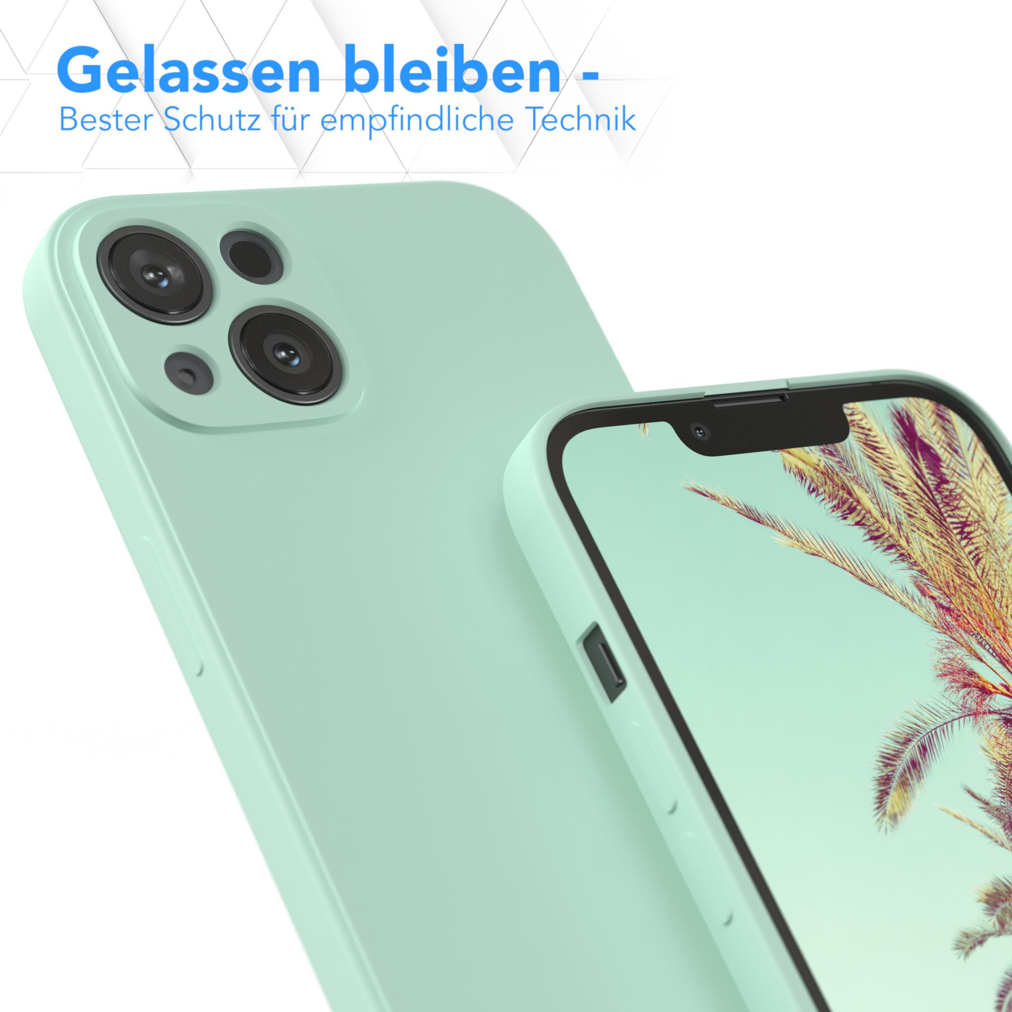 Handyhülle mit Telefon. Türkisfarbene Hülle und Telefon mit Bildschirm. Weißer Hintergrund.