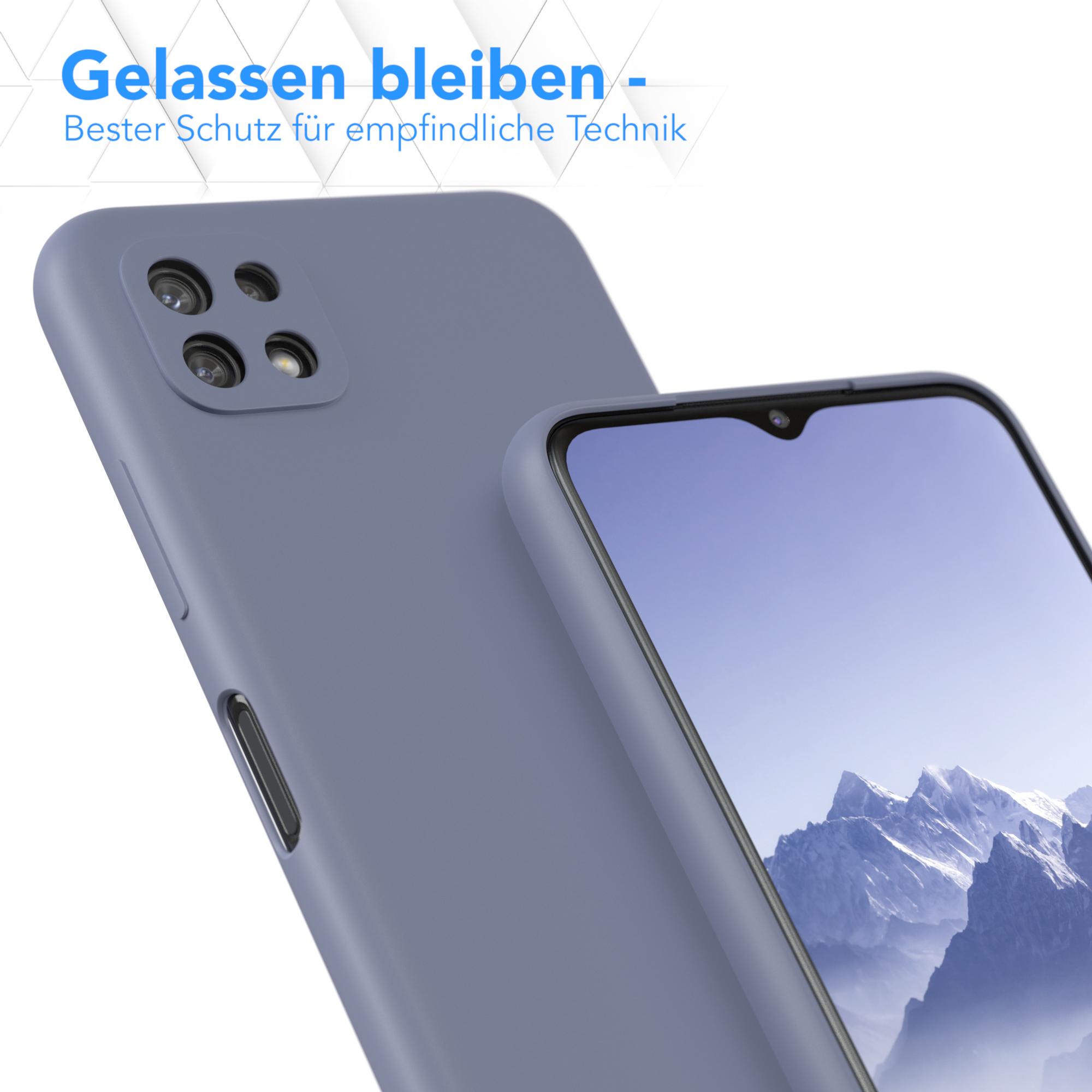 Blaue Handyhülle auf einem Handy. Text auf Deutsch oben.