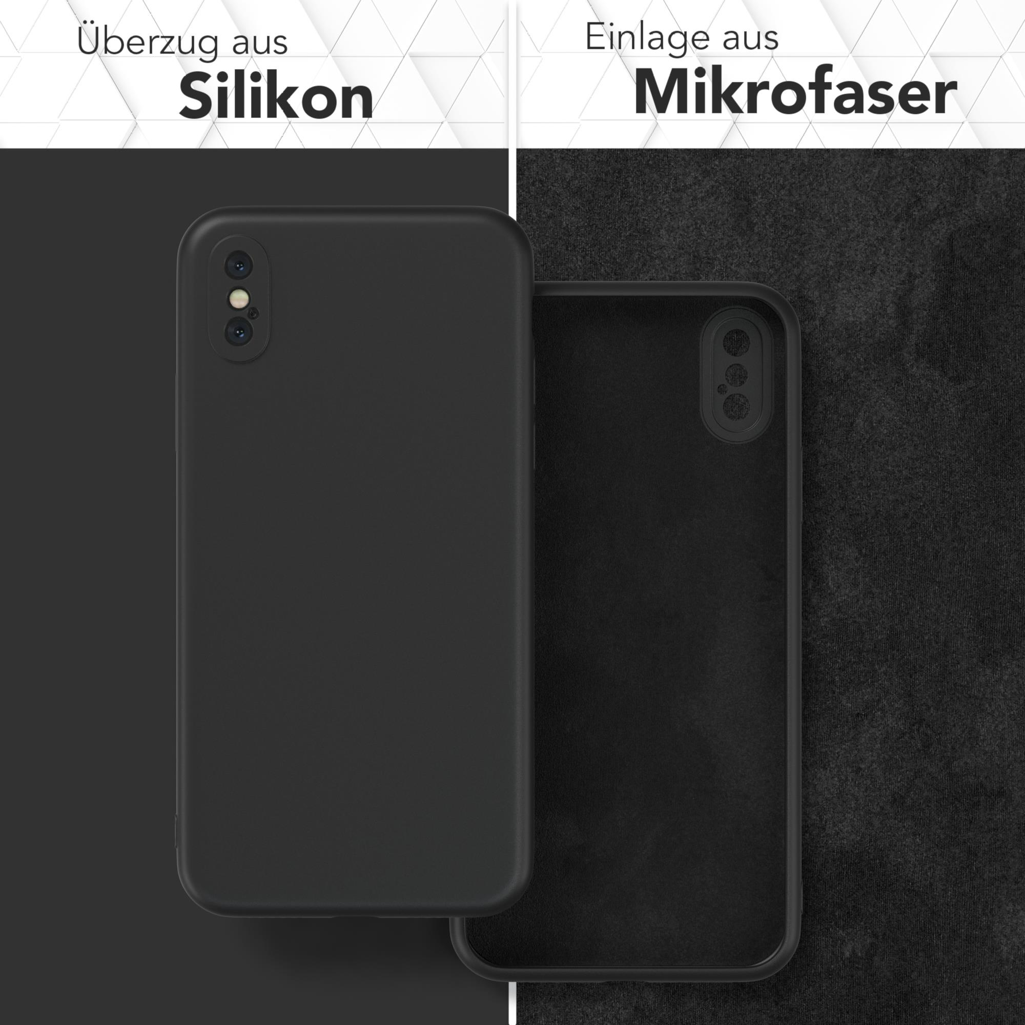 Zwei schwarze Handyhüllen, eine links, eine rechts. Text: 'Überzug aus Silikon' und 'Einlage aus Mikrofaser'.