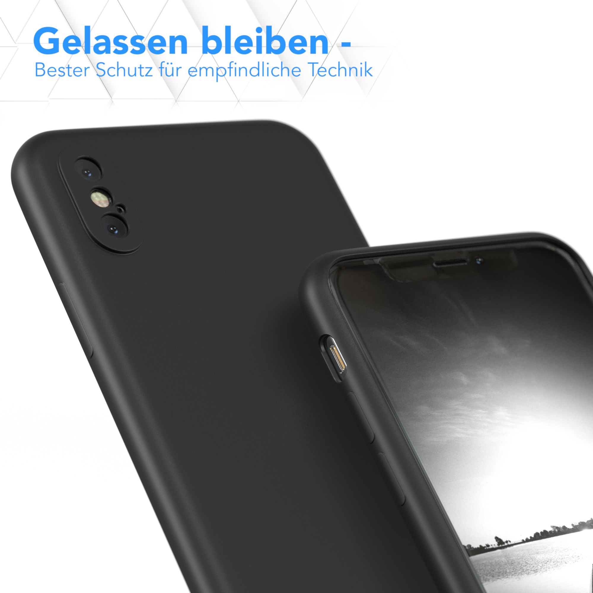 Schwarzes Telefon in Hülle und ein weiteres Telefon, mit deutschem Text.