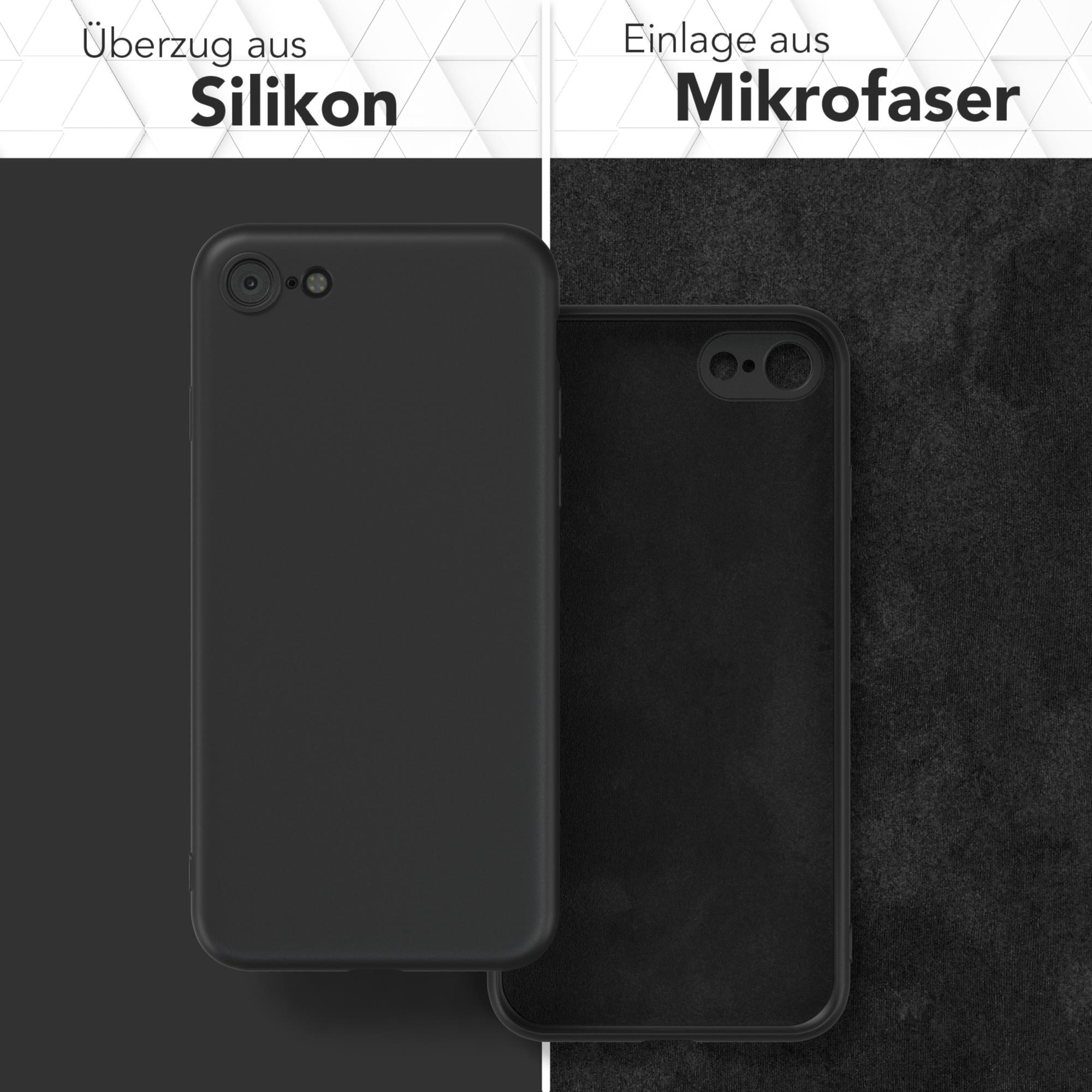 Zwei Handyhüllen, die Silikon- und Mikrofasertexturen zeigen, mit Textbeschriftungen für jedes Material.