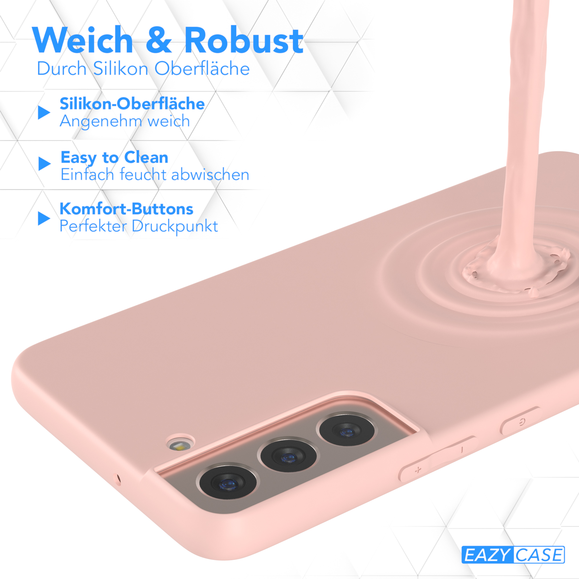 Pinke Handyhülle mit Telefon darin. Rosa Flüssigkeit fließt. Weißer Hintergrund.