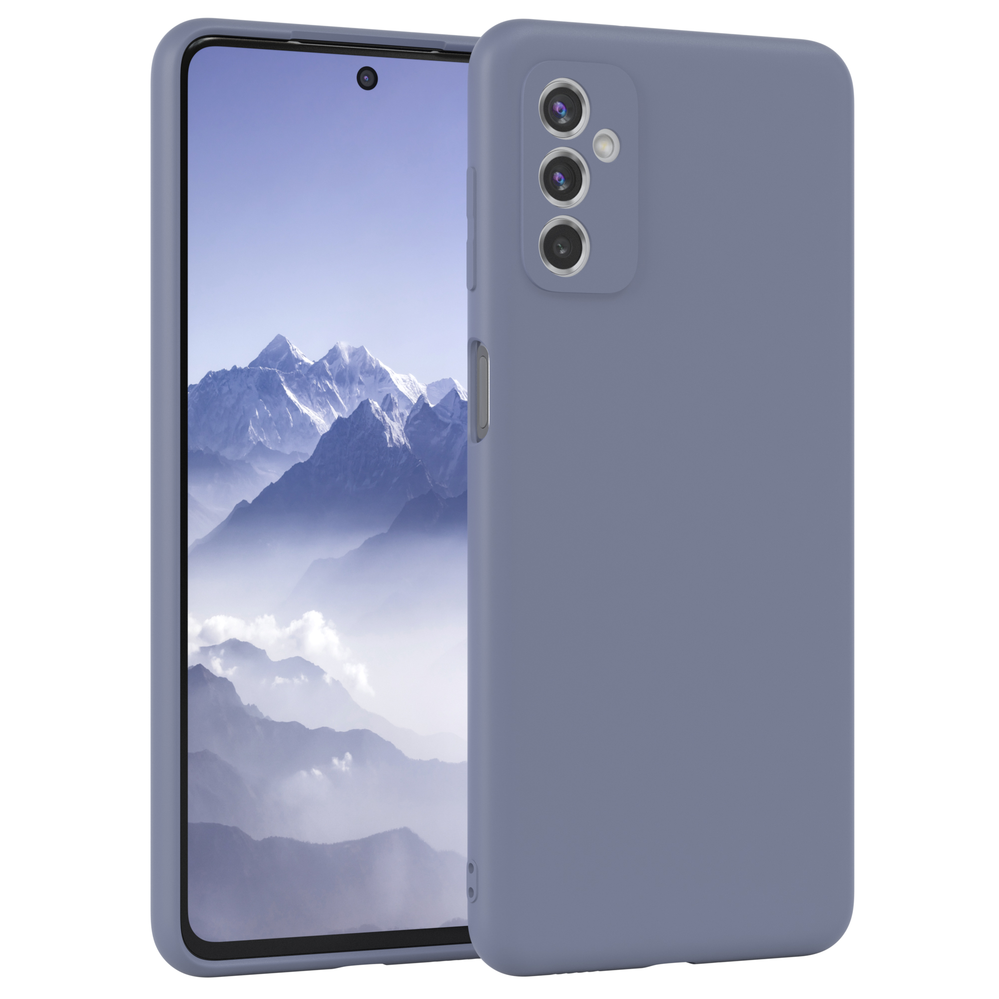Blaue Handyhülle mit Telefon. Das Telefon befindet sich links von der Hülle.