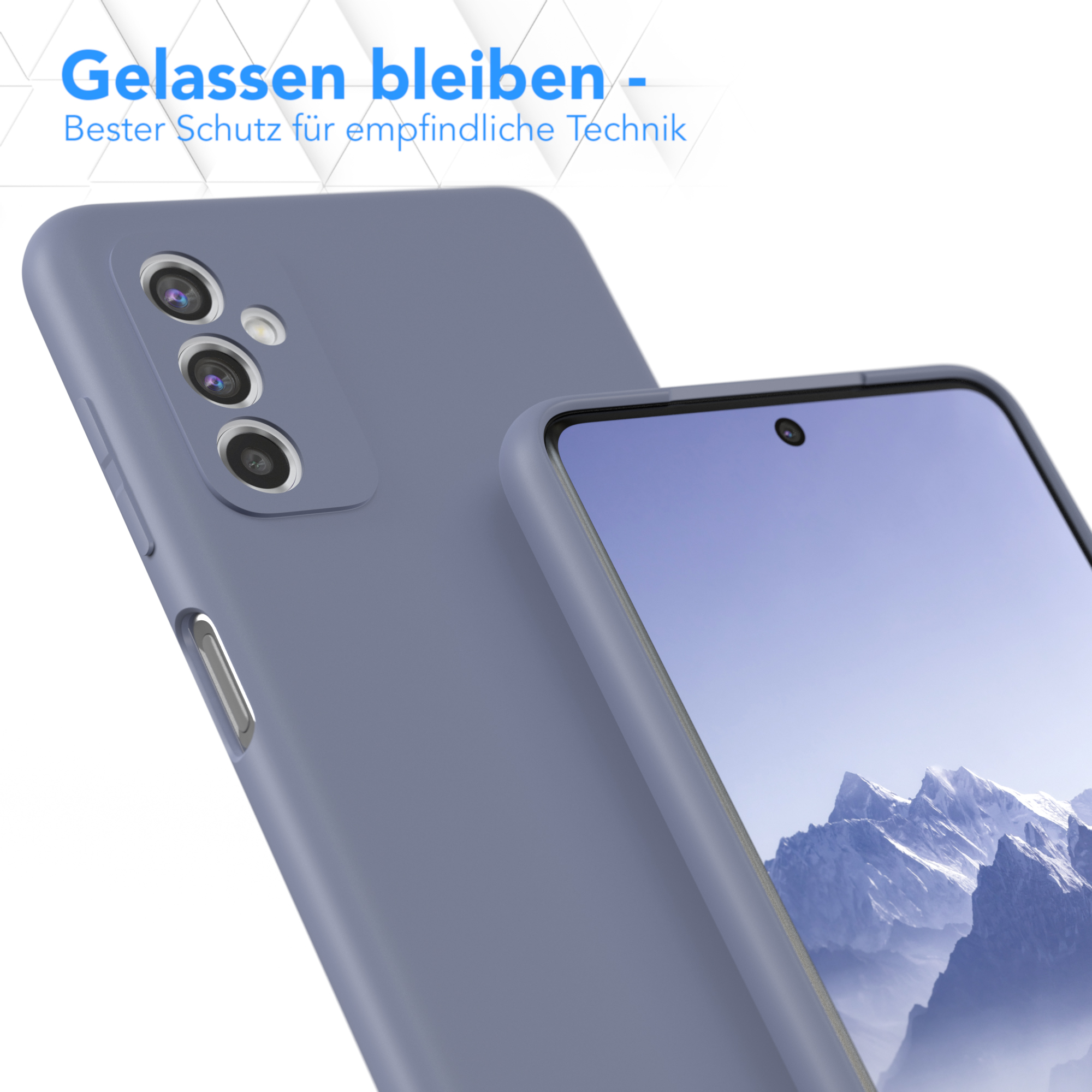 Zwei blaue Handyhüllen, eine bedeckt einen Telefonbildschirm, die andere zeigt die Kamera, auf weißem Hintergrund.