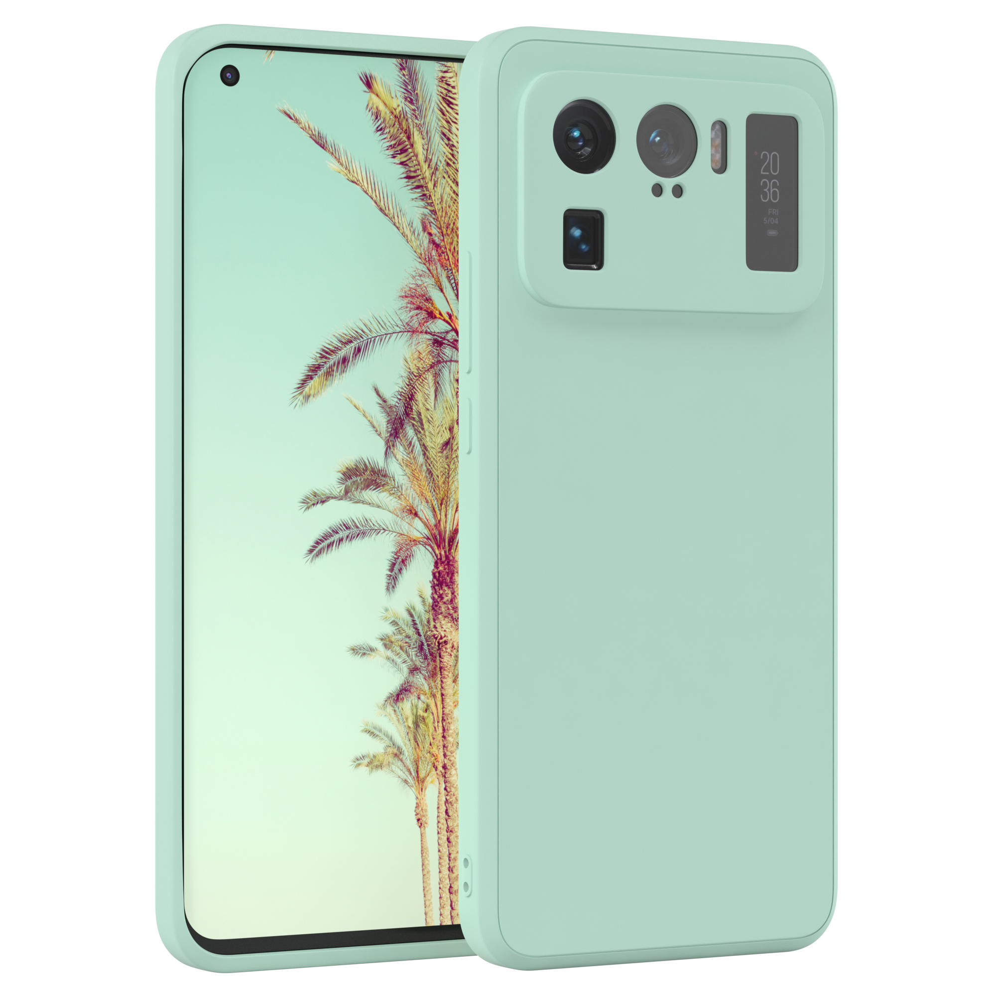 Minzgrünes Telefon mit passendem Gehäuse, Rückseite mit Kamera und Bildschirm mit Palmen.