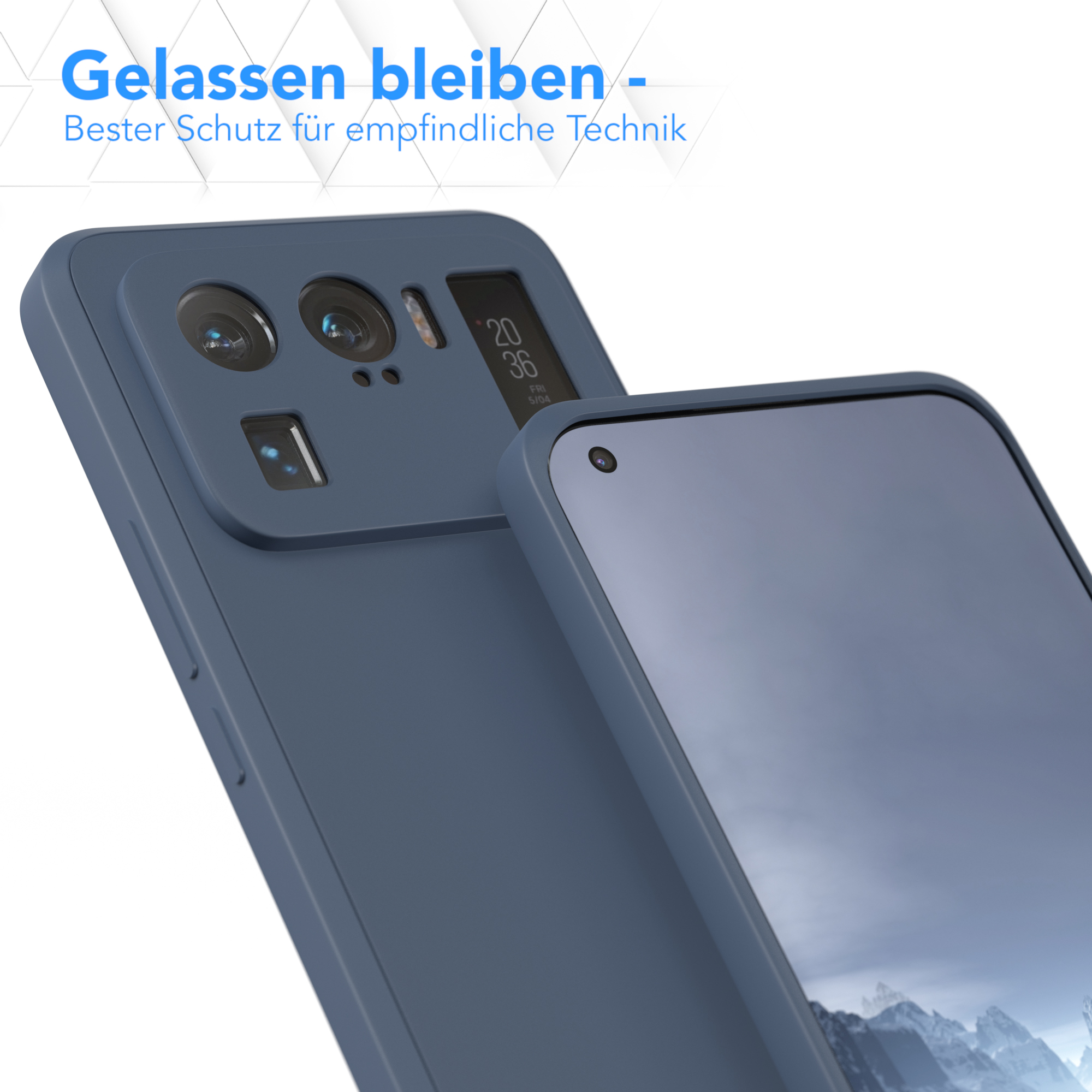 Dunkelblaue Handyhülle mit Handy. Text oben. Dunkelblauer Hintergrund.