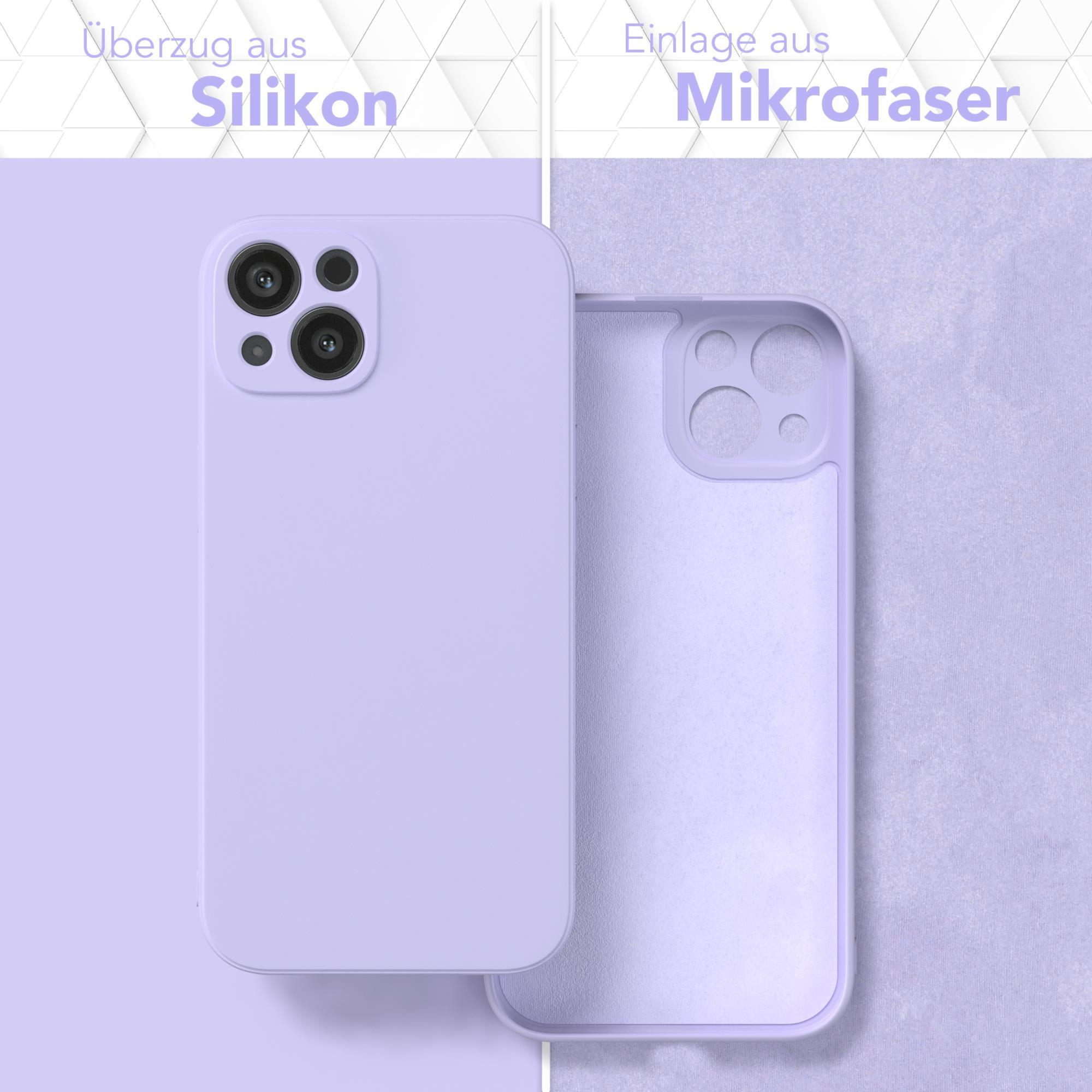 Zwei lavendelfarbene Handyhüllen, eine links, eine rechts. Text: 'Überzug aus Silikon' und 'Einlage aus Mikrofaser'.