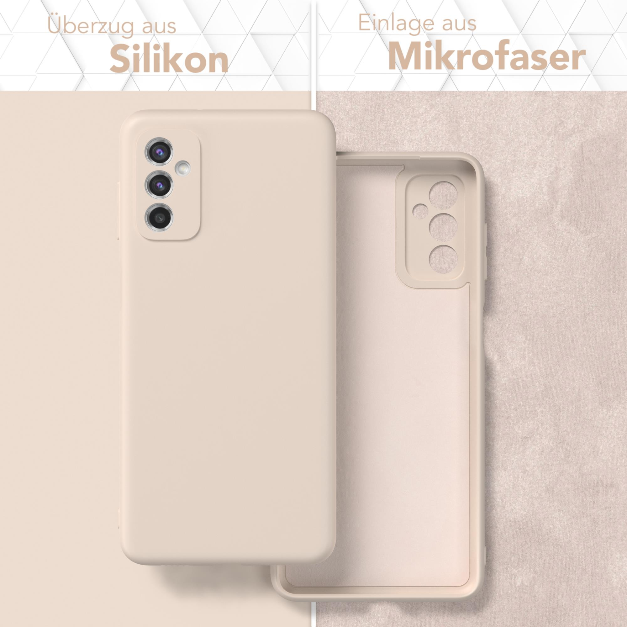 Beige Handyhülle mit Silikonhülle und Mikrofaser-Einsatz, zeigt das Telefonmodell.