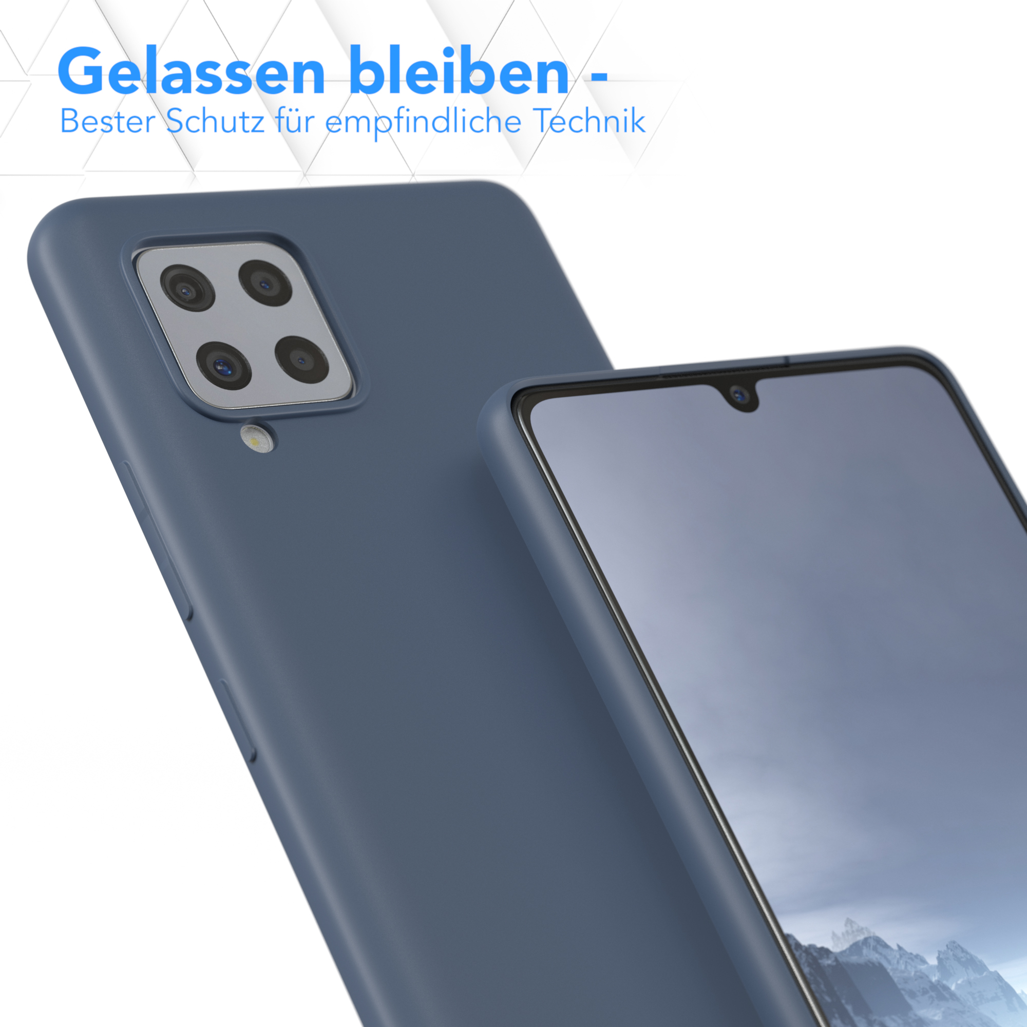 Zwei blaue Handyhüllen, eine bedeckt ein Telefon. Der Text 'Gelassen bleiben' ist vorhanden.
