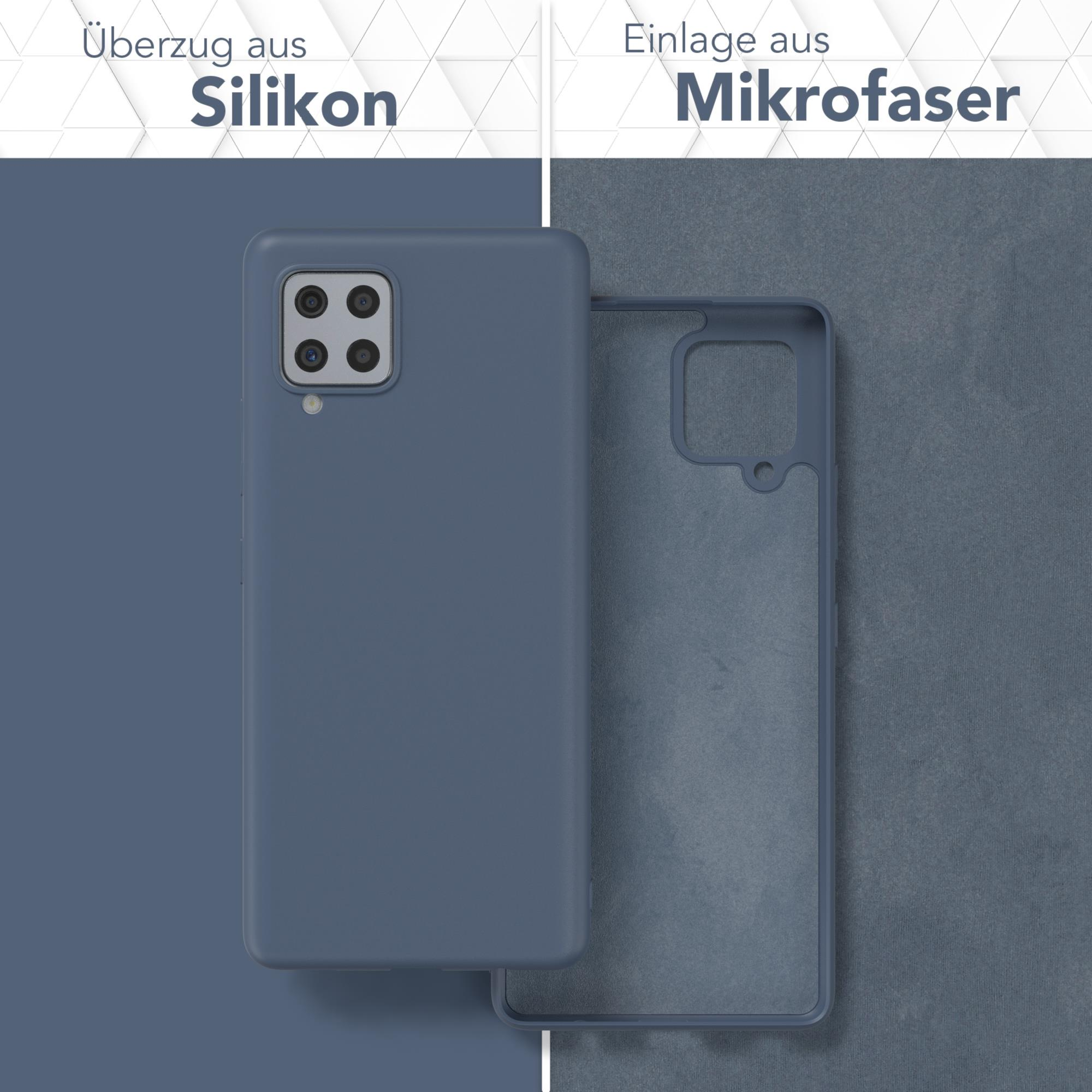 Zwei Handyhüllen, eine blaue, die Außen- und Innenseite zeigt, mit deutschem Text.