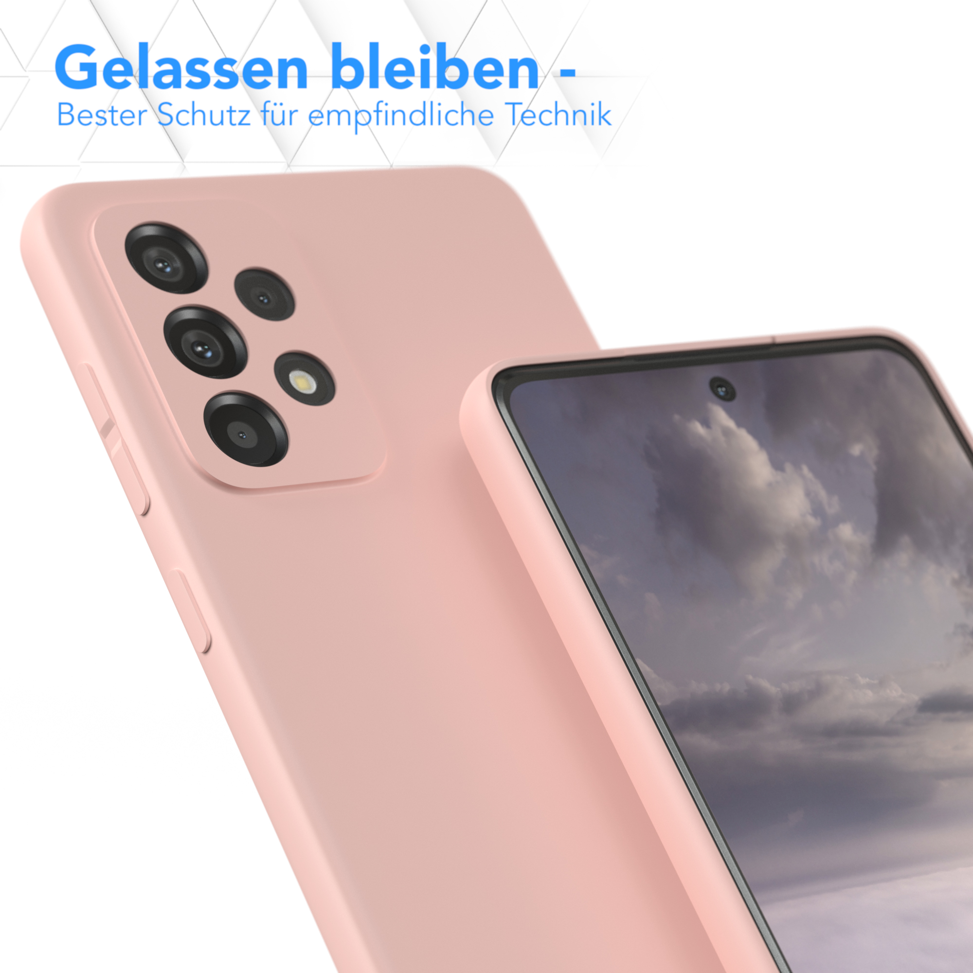 Zwei Telefonhüllen, eine auf einem Telefonbildschirm mit Bergpanorama.