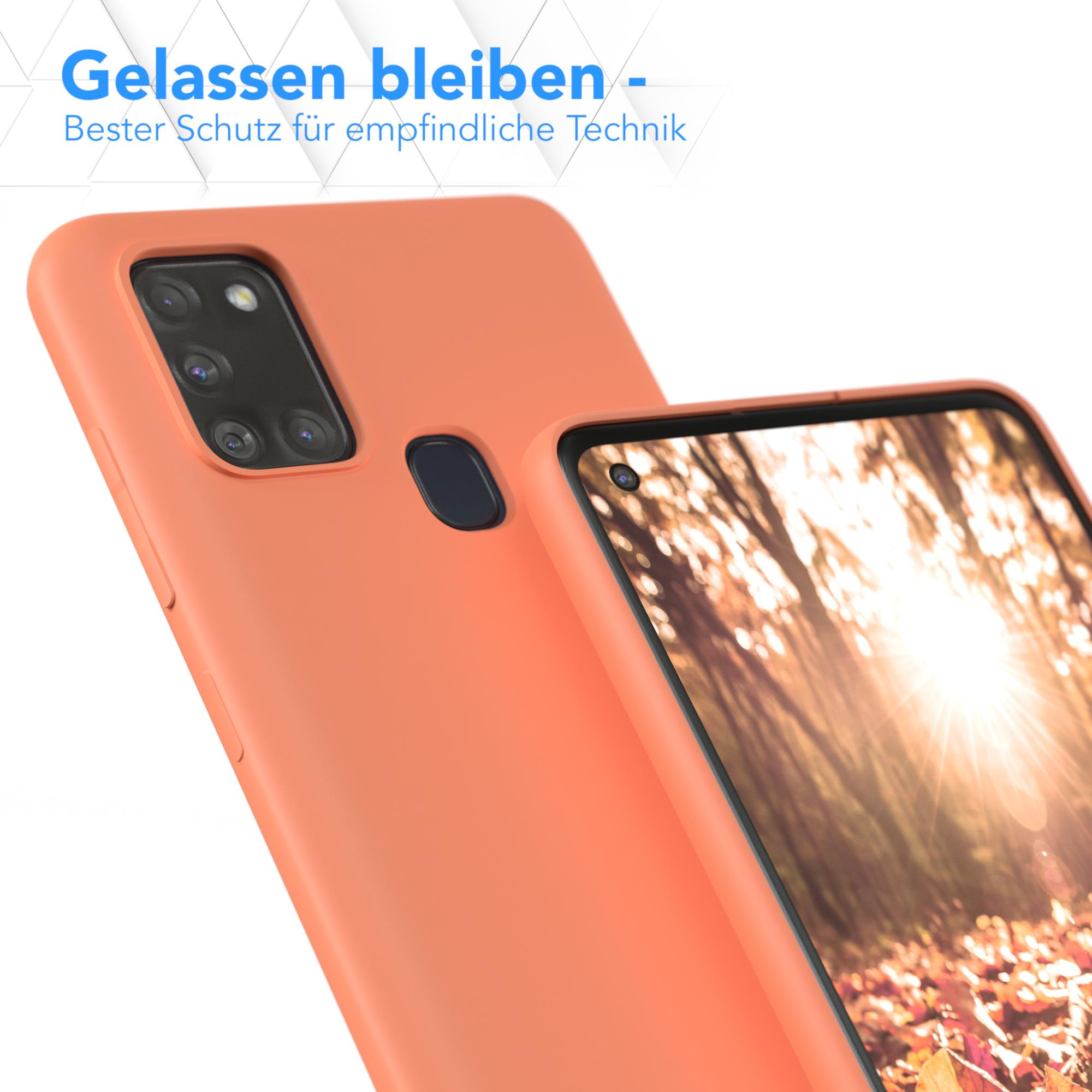 Orangefarbene Handyhülle. Die Hülle bedeckt ein Telefon und hat Kameraöffnungen.