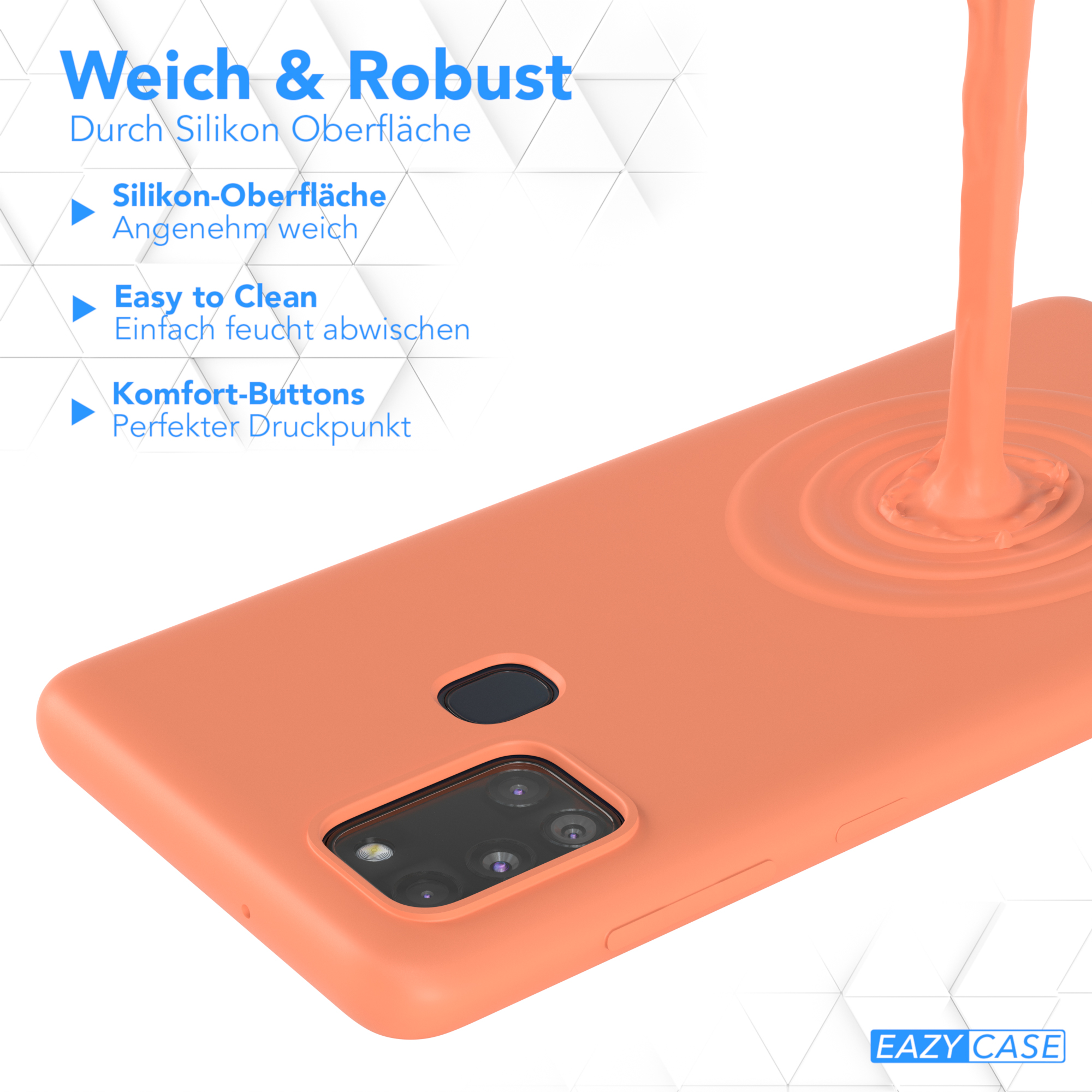 Orangefarbene Handyhülle, mit Flüssigkeit, die darüber gegossen wird.