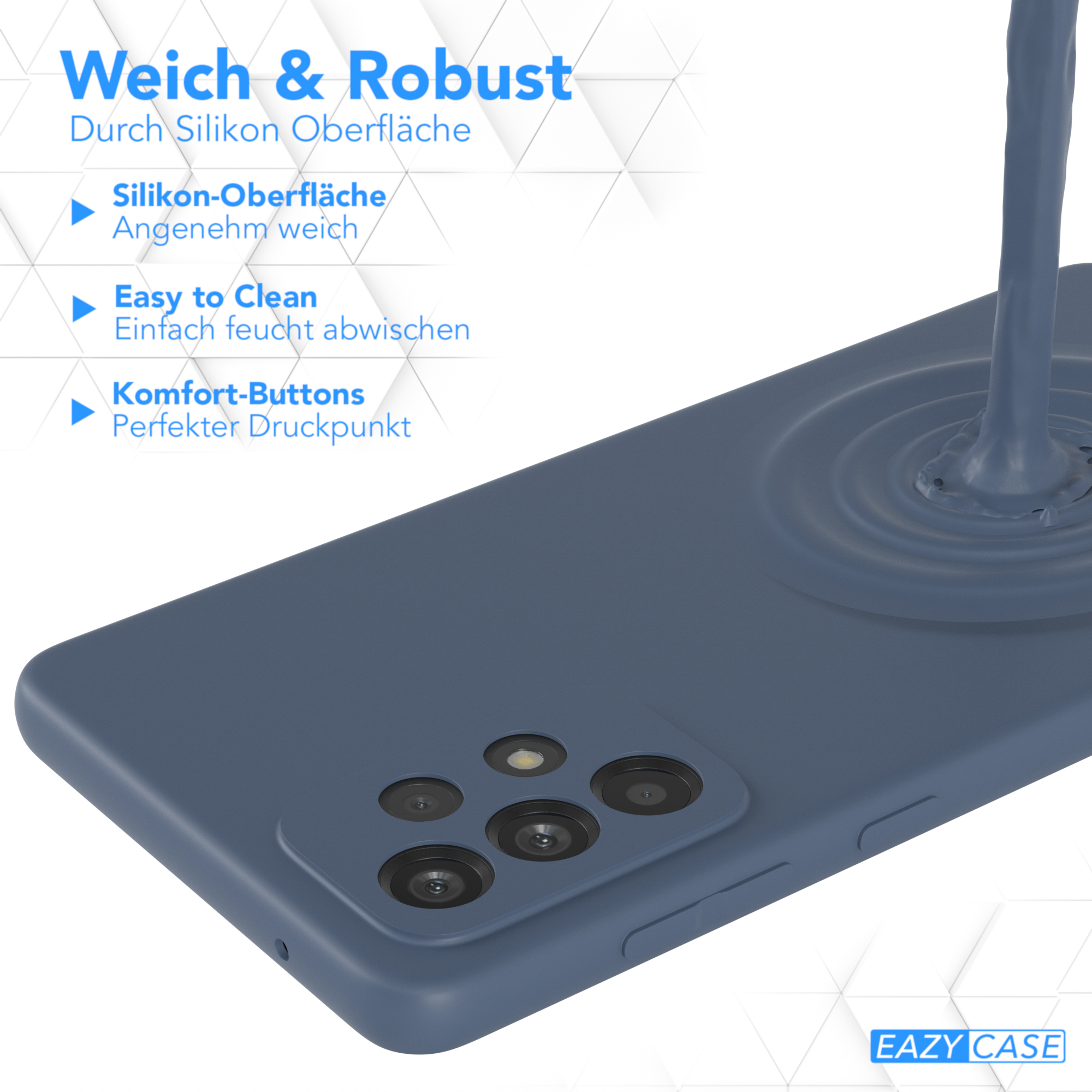 Blaue Handyhülle. Im Hintergrund gießt ein blauer Strahl auf die Handyhülle. Produktdetails.