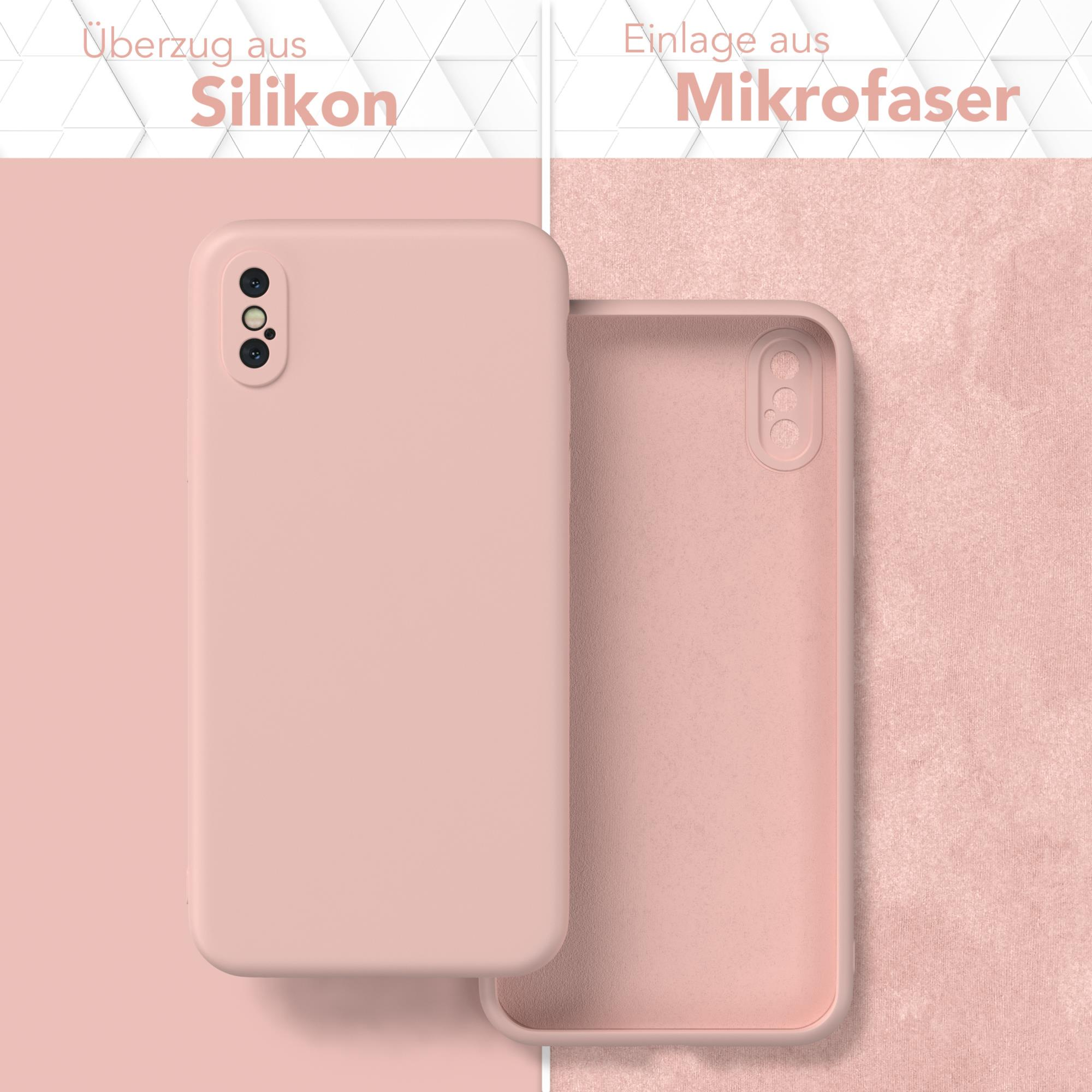 Rosa Handyhülle und ihr Inneres. Text oben, getrennt durch eine weiße Linie. Rosa Hintergrund.