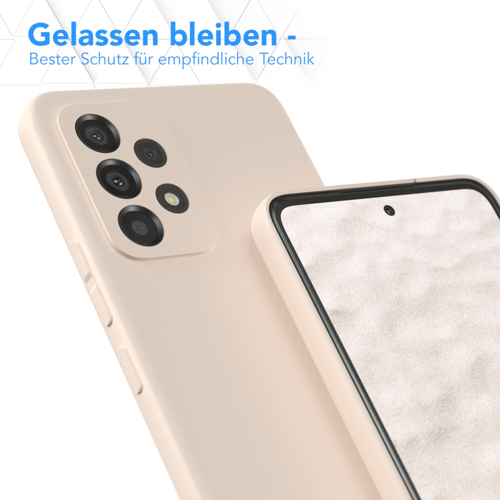 Eine Handyhülle mit einem Telefon im Inneren. Die Handyhülle ist beige.