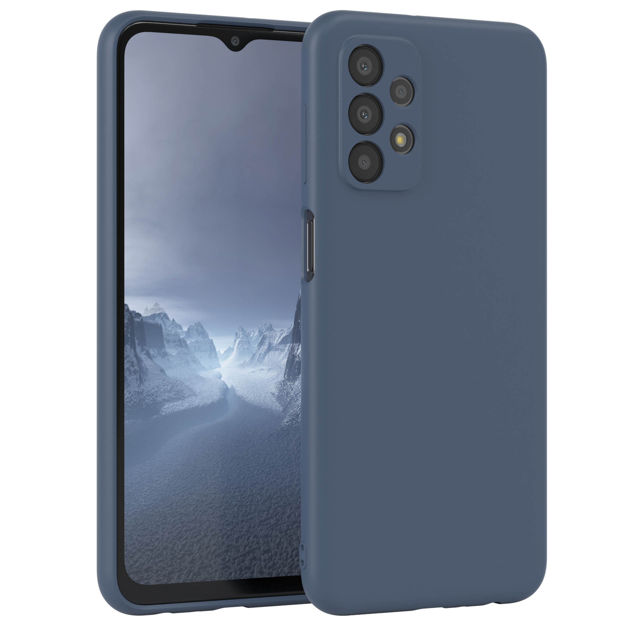 Dunkelblaue Handyhülle auf einem Telefon. Der Hintergrund ist weiß.