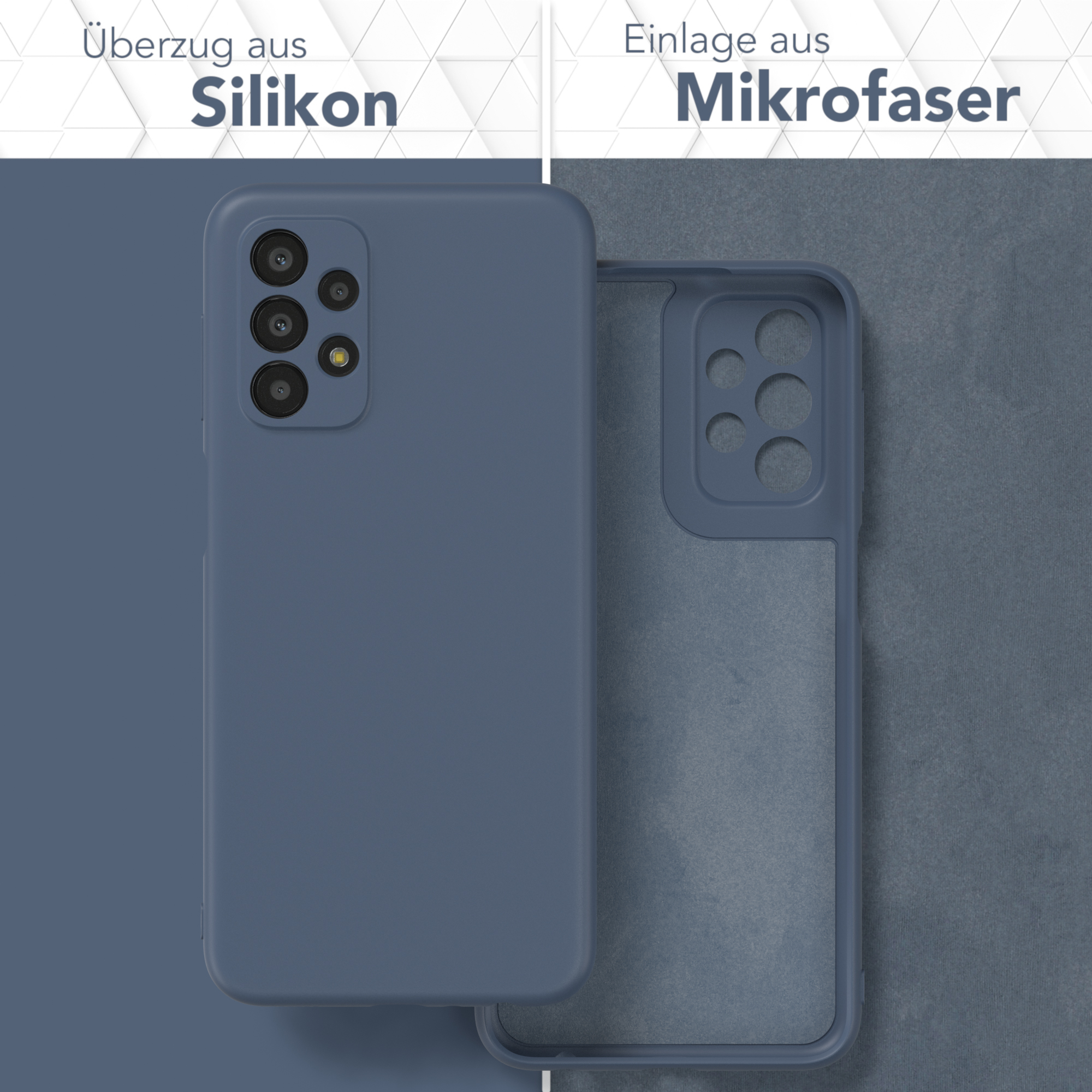Zwei Handyhüllen, eine blau, eine klar, Text oben. Grauer Hintergrund.