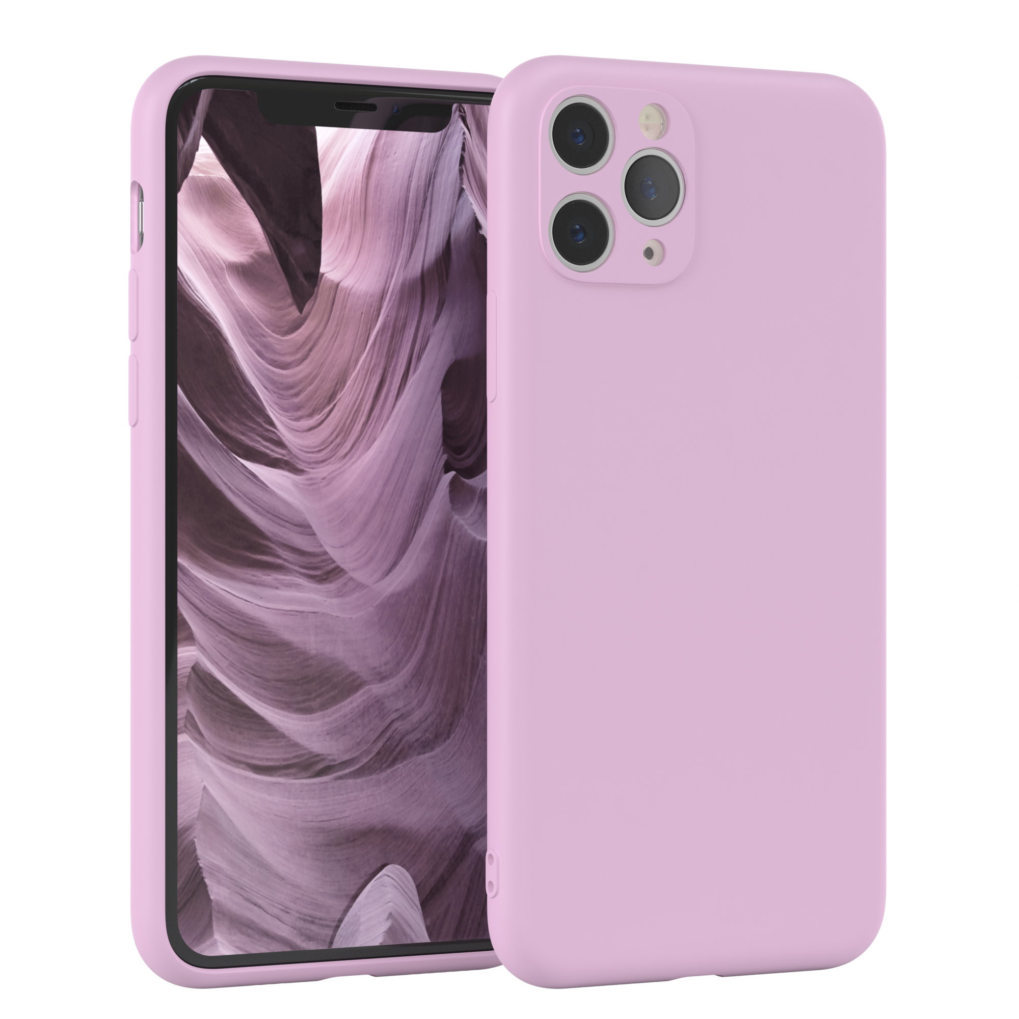 Eine rosa Handyhülle auf einem Telefon. Das Telefon zeigt eine Landschaft aus rosa Felsen.