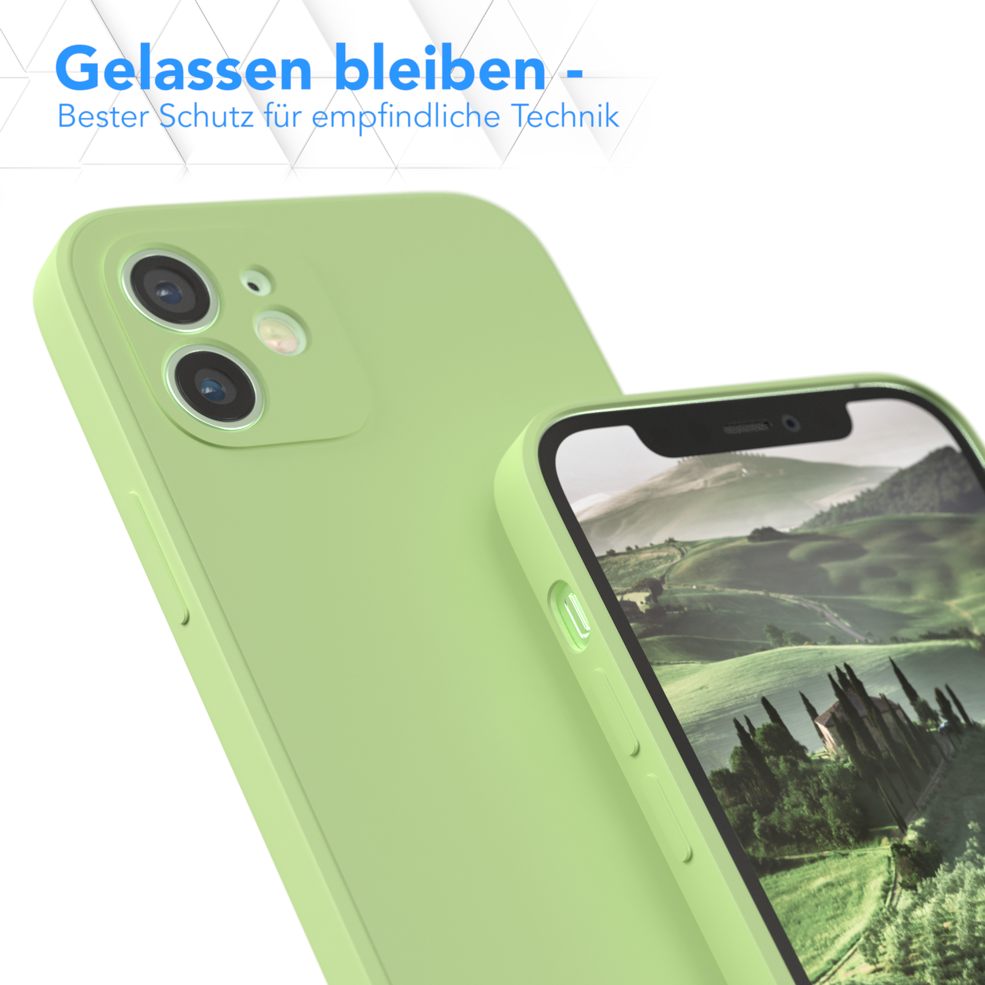 Zwei grüne Handyhüllen; eine bedeckt ein Telefon mit Landschaft. Text: Entspannt bleiben.