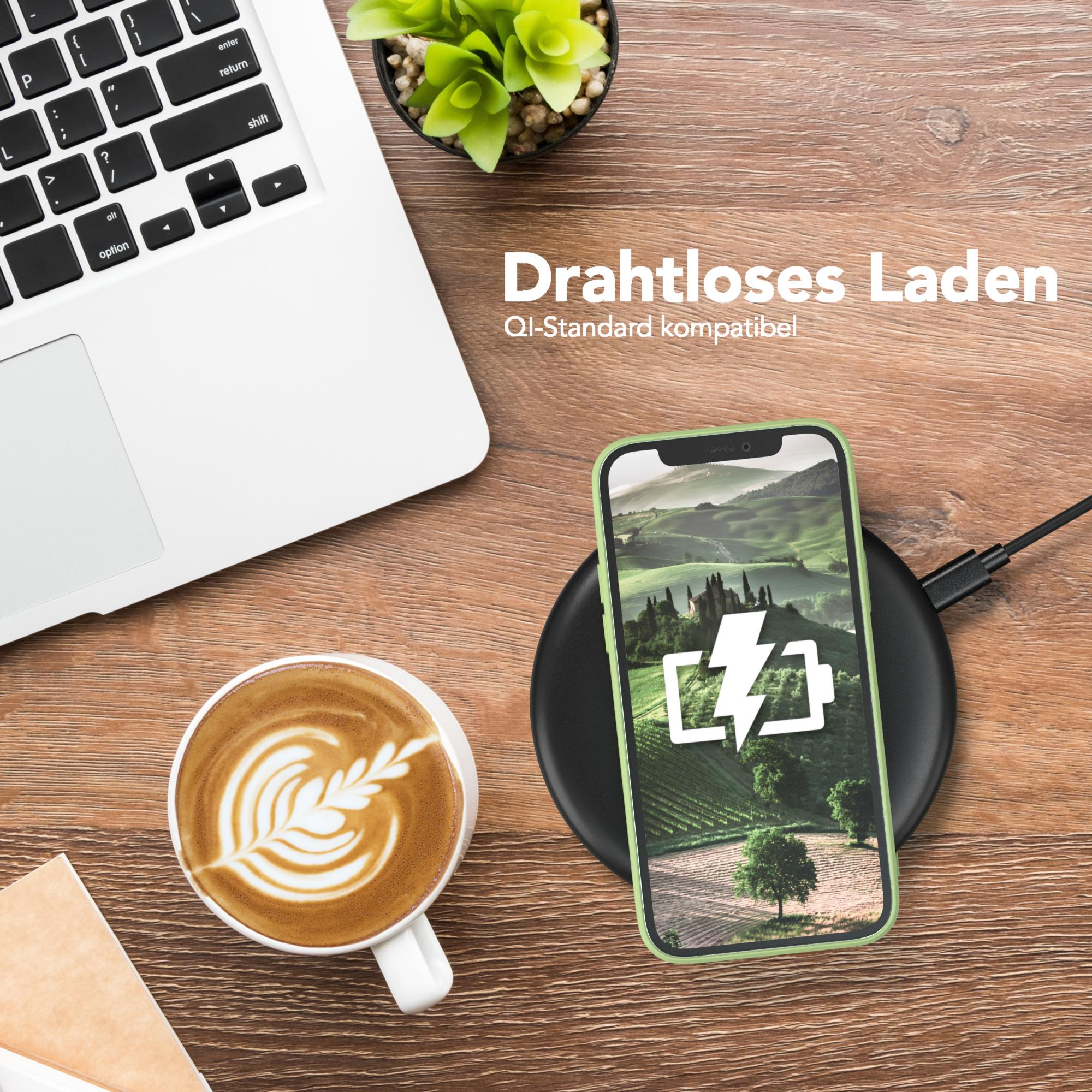 Laptop, Kaffee und Telefon auf Ladegerät. Telefon hat grünes Gehäuse. Text: Drahtloses Laden, Qi-Standard kompatibel.