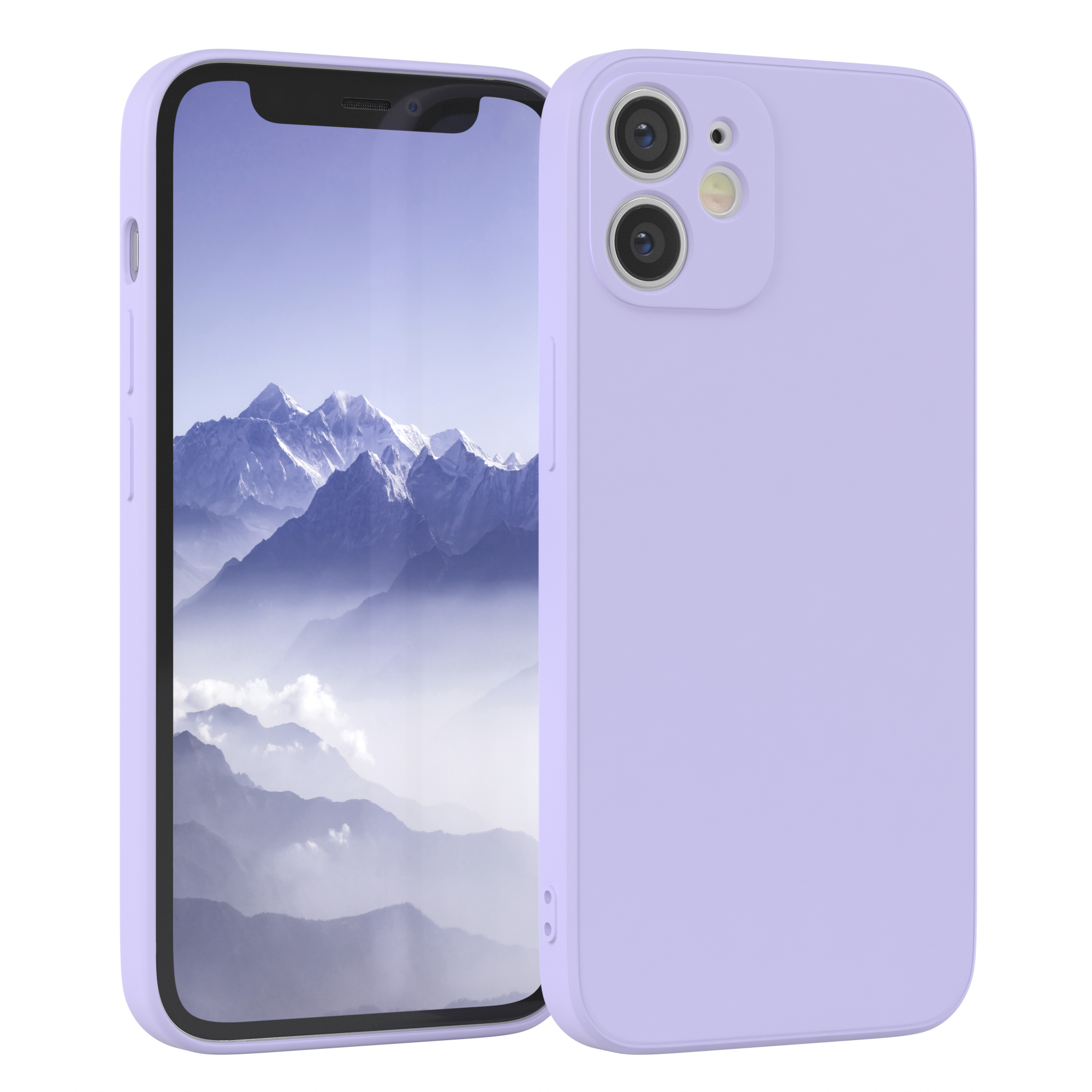 Lila Telefon mit Hülle und Bildschirm, der eine Landschaft zeigt. Hintergrund ist unscharf.