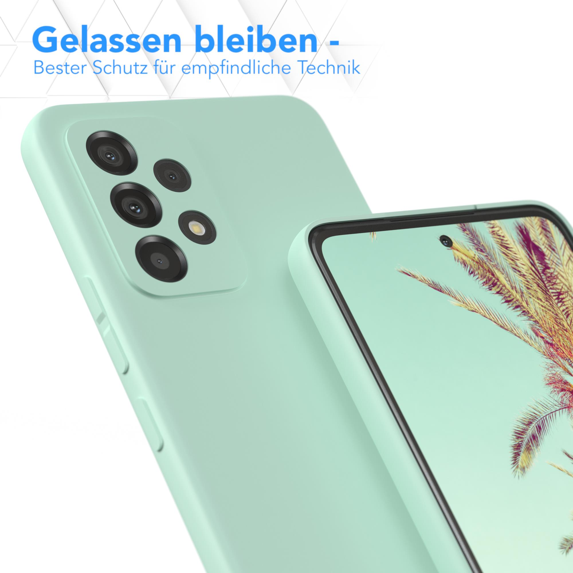 Grüne Handyhülle mit einem Telefon. Grüner Hintergrund. Weißer Text.