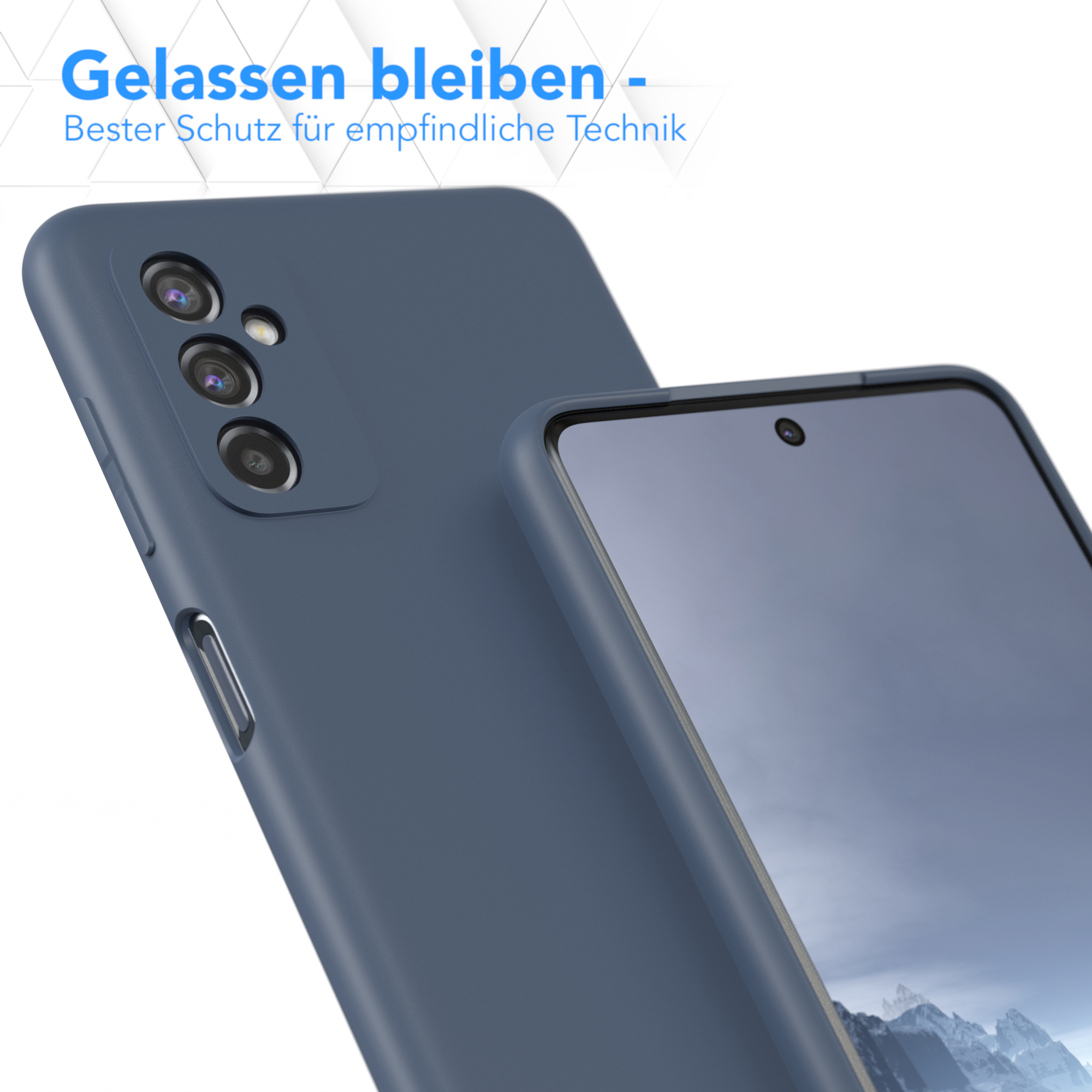 Zwei blaue Telefone mit Hüllen. Eines zeigt die Rückseite mit Kameras, das andere den Bildschirm.