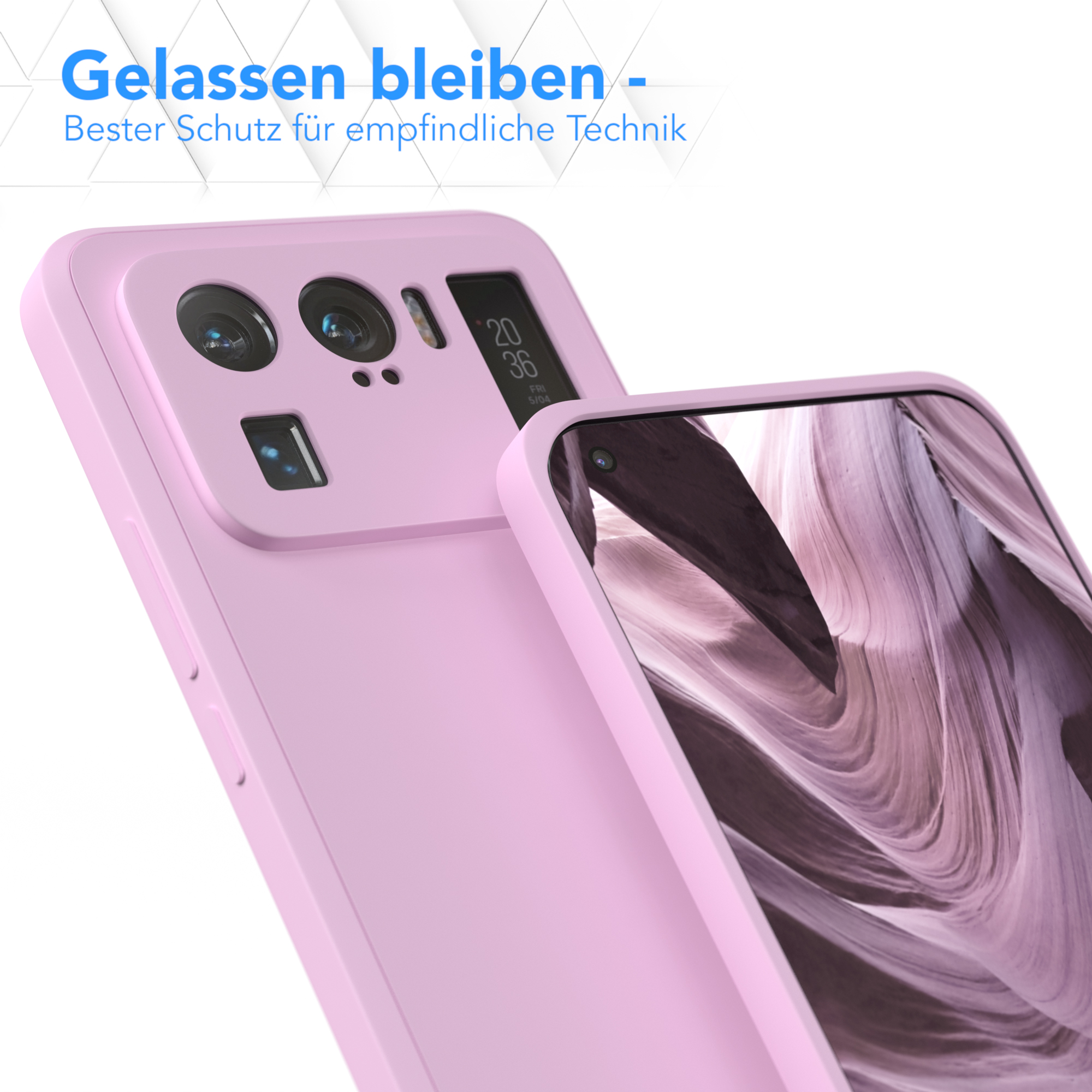Rosa Handyhülle mit Telefon darin, schräge Ansicht. Text: 'Gelassen bleiben - Bester Schutz'.