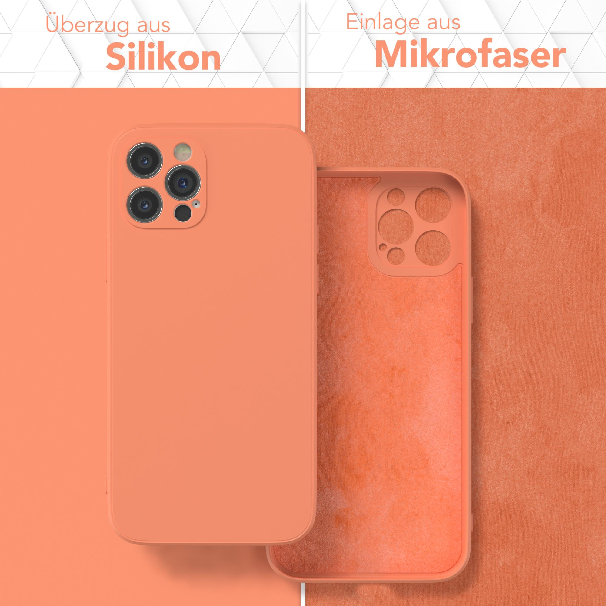 Orangene Handyhülle mit Mikrofaser innen. Text: Silikon außen, Mikrofaser innen. Handyhülle rechts.