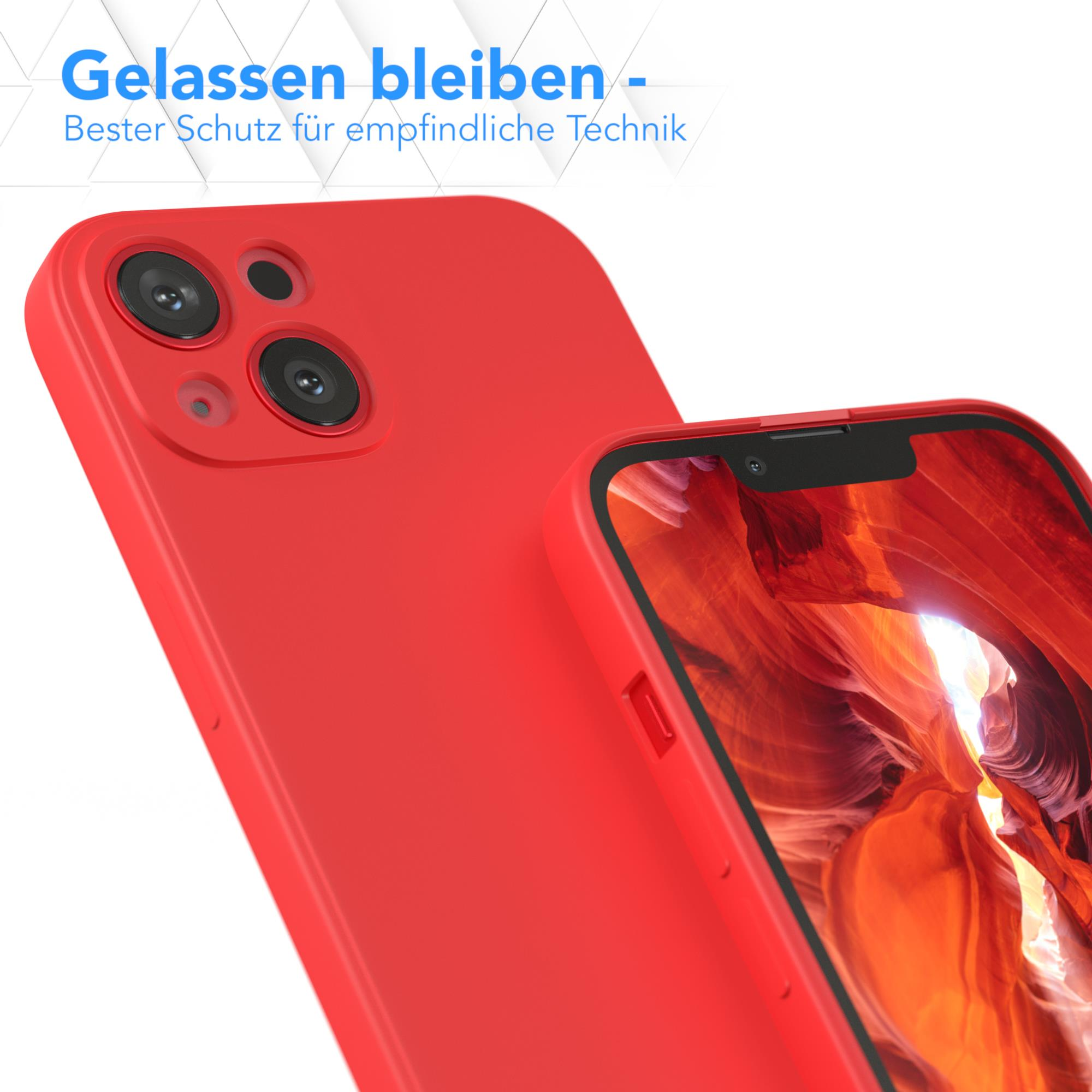 Rote Handyhülle, die ein Handy auf weißem Hintergrund bedeckt.