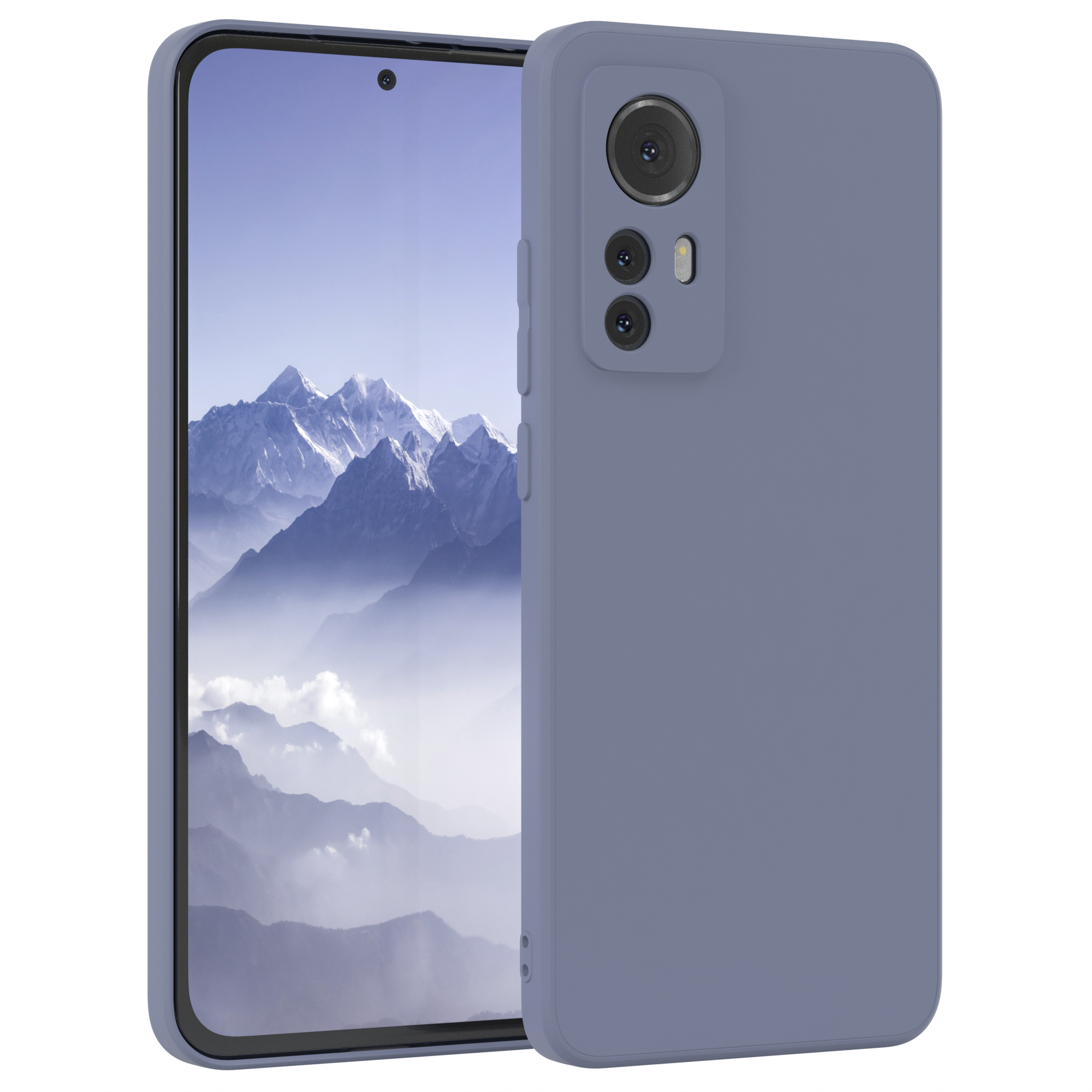 Ein lila Telefon mit Hülle, mit Kamera auf der Rückseite und Berglandschaft.