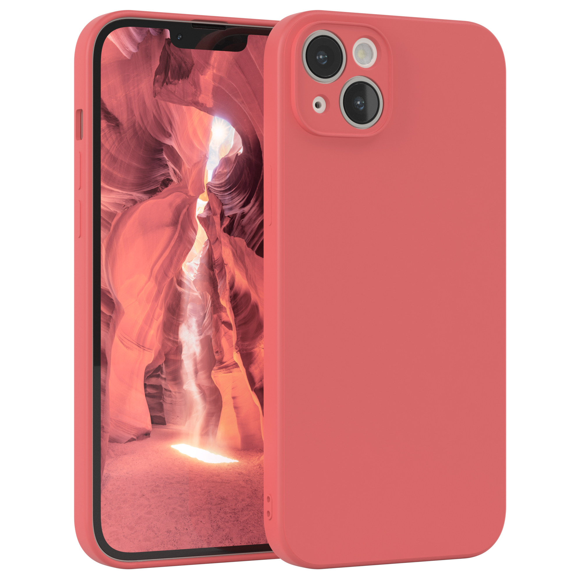 Rote Handyhülle mit Telefon. Der Bildschirm zeigt eine Schluchtlandschaft. Weißer Hintergrund.