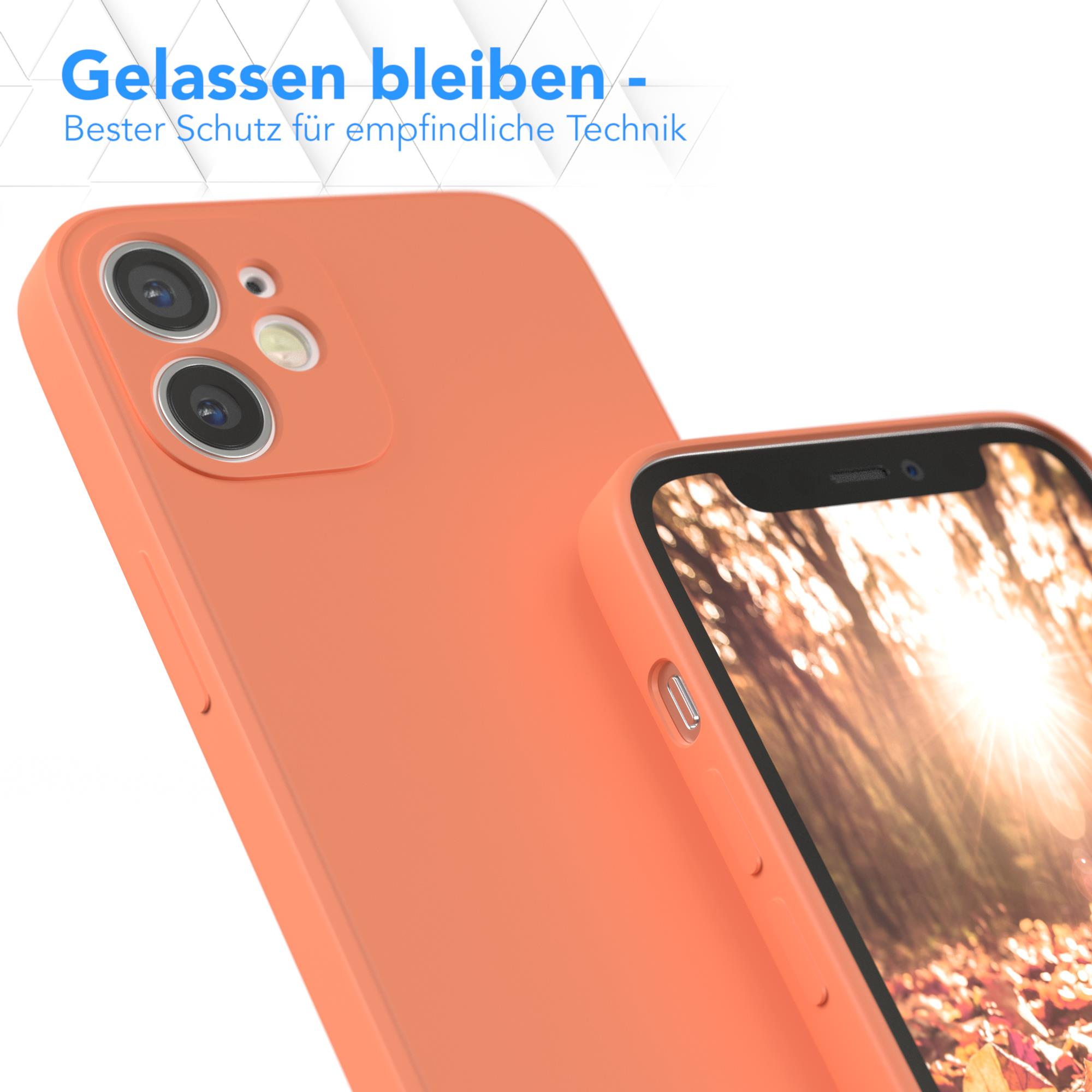 Orange Handyhülle mit Telefon darin. Weißer Hintergrund mit Text oben.