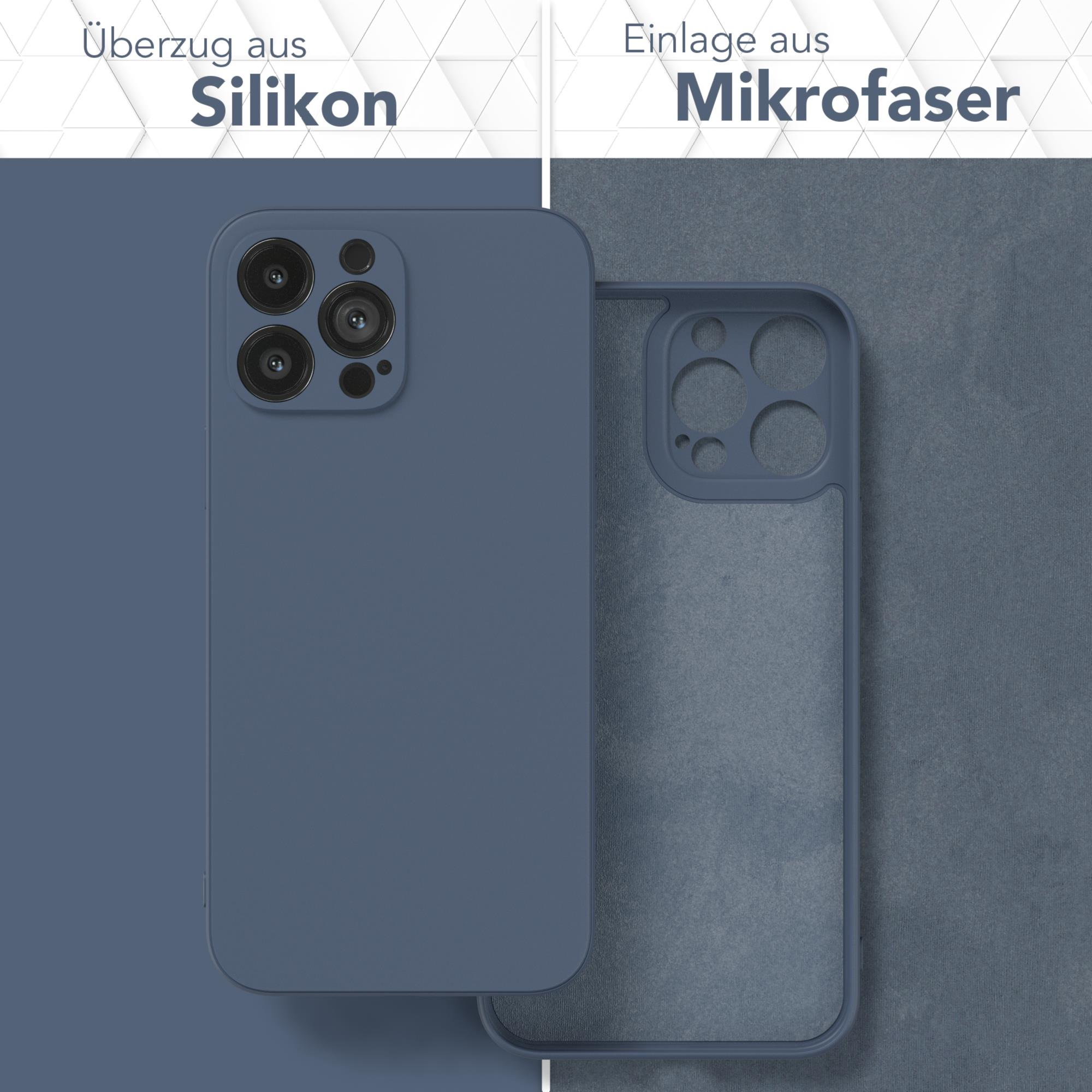 Zwei Handyhüllen, eine blaue, zeigen Silikon- und Mikrofaser-Materialien mit Textbeschriftungen.