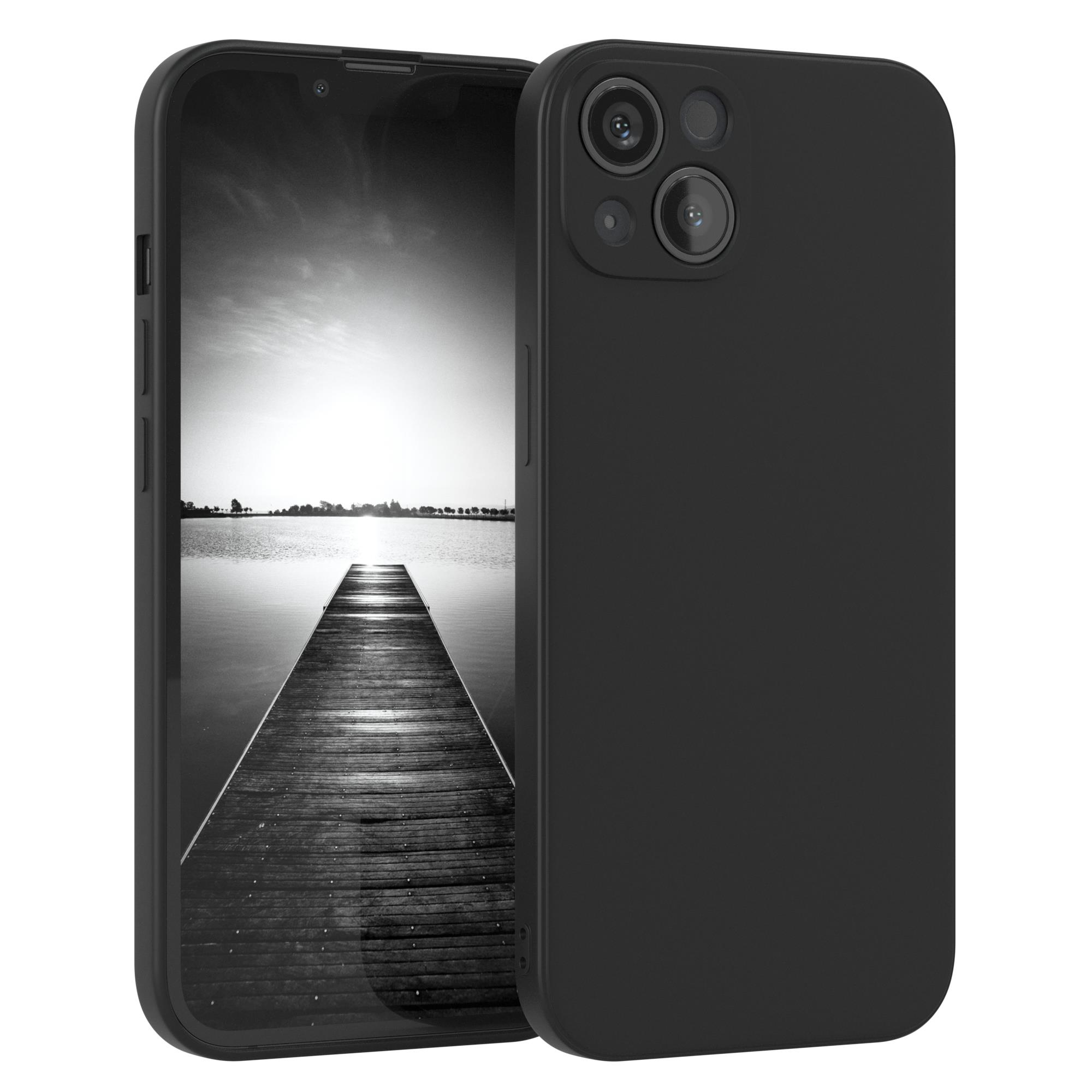 Schwarze Handyhülle mit Telefon darin. Schwarz-weißer Seehintergrund. Weißer Hintergrund.