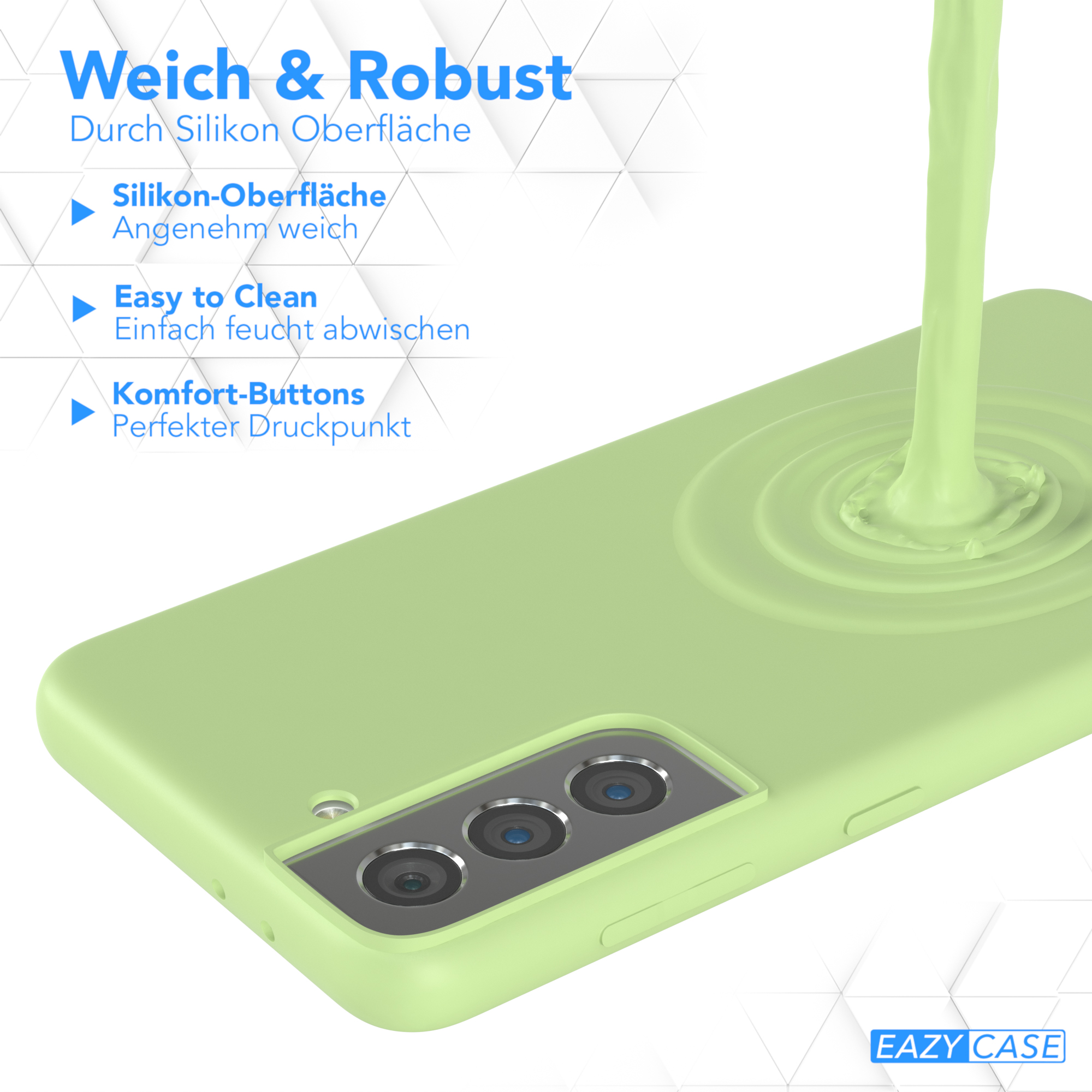 Eine grüne Handyhülle mit einem Telefon. Grüne Flüssigkeit wird auf die Hülle gegossen. Text steht auf der Hülle.
