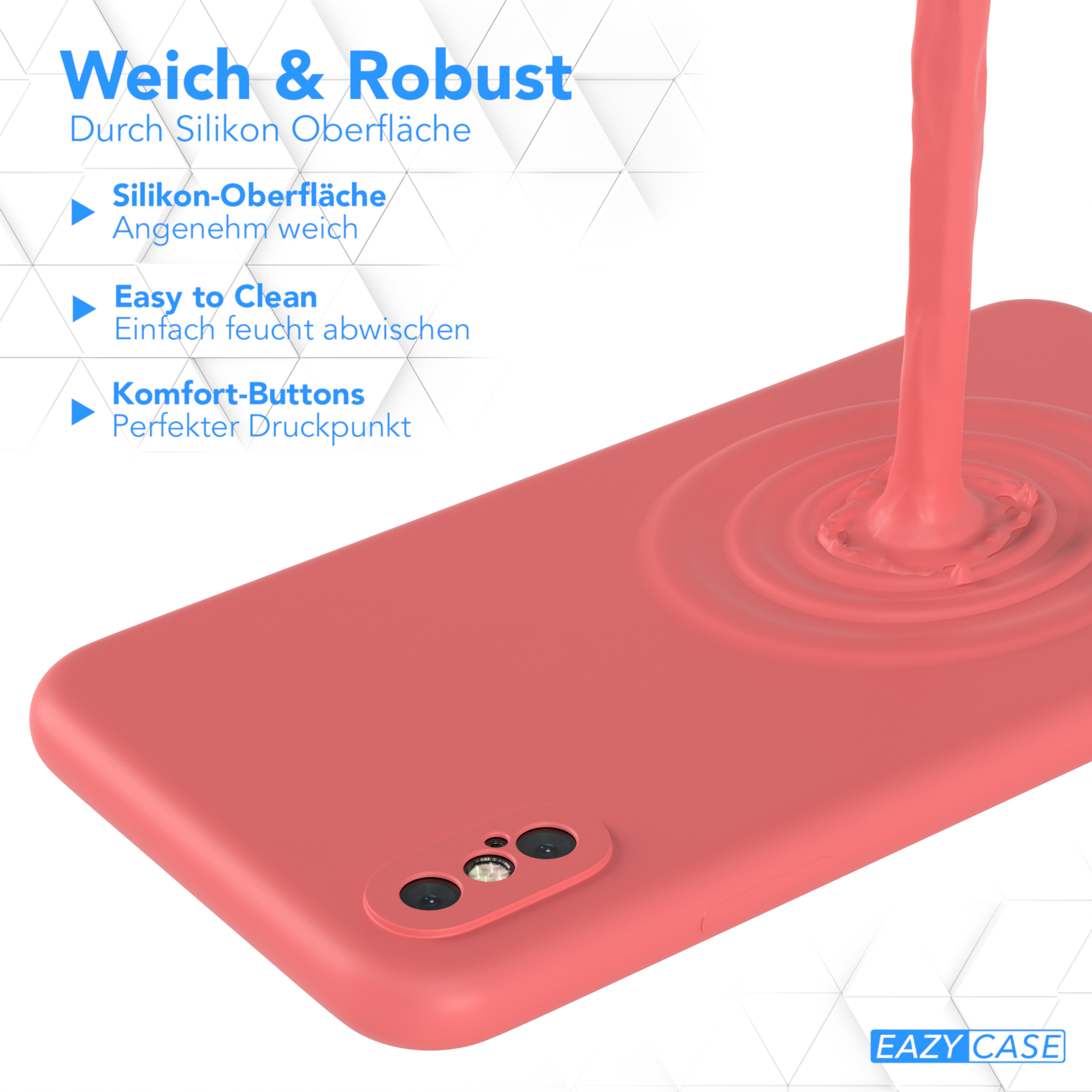 Rote Handyhülle mit Text und einem Fluss roter Flüssigkeit.