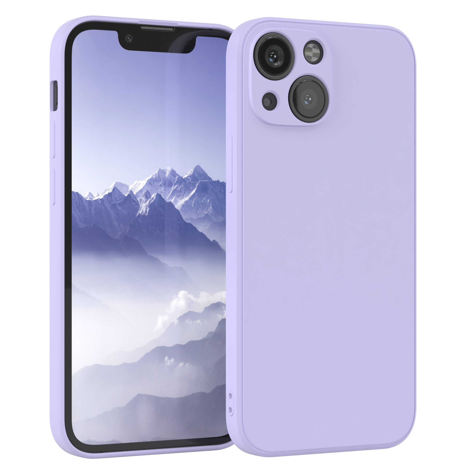 Lila Handyhülle mit Telefon. Zwei Kameras sichtbar. Weißer Hintergrund.