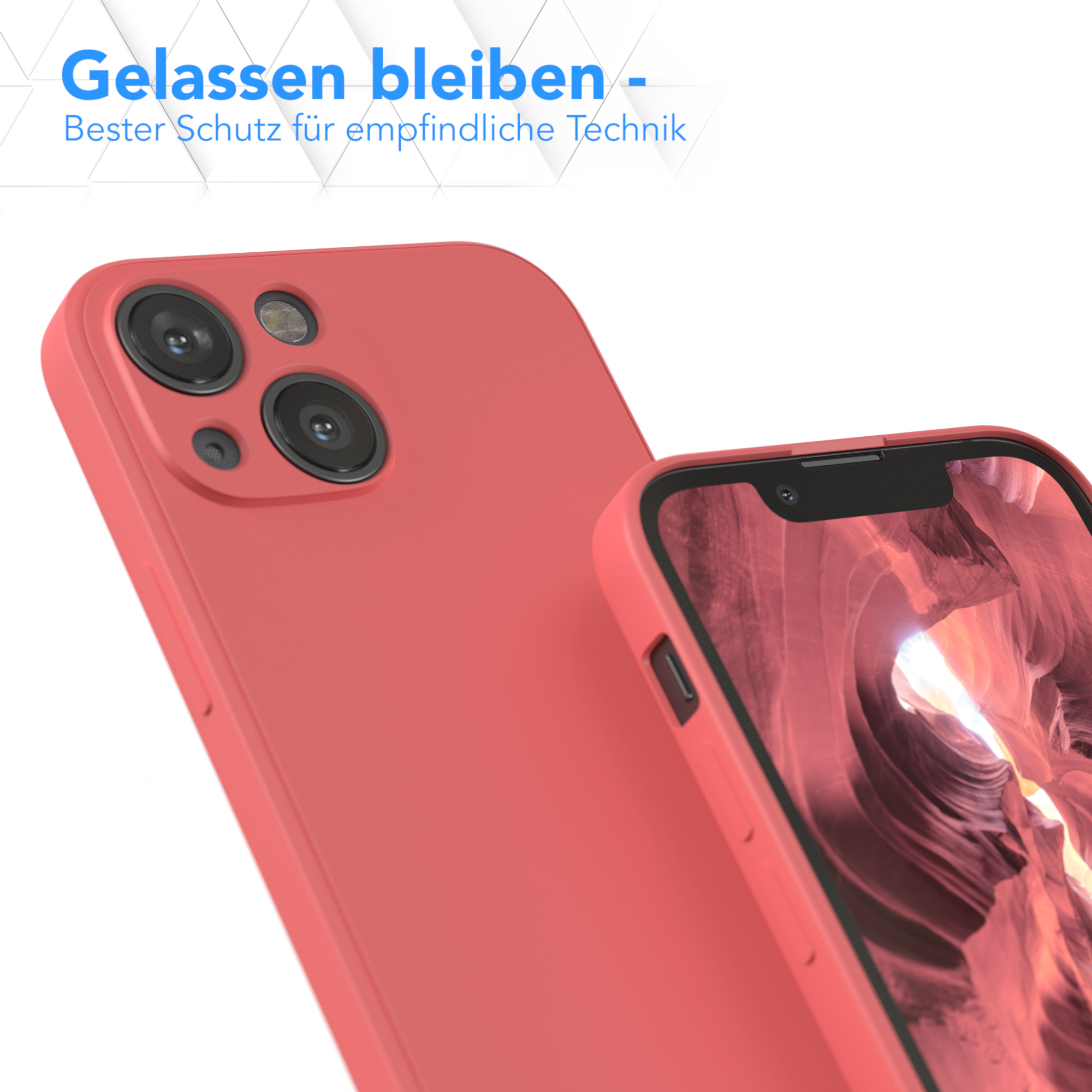 Rote Handyhülle auf einem Telefon. Der Hintergrund ist rot und orange verschwommen.
